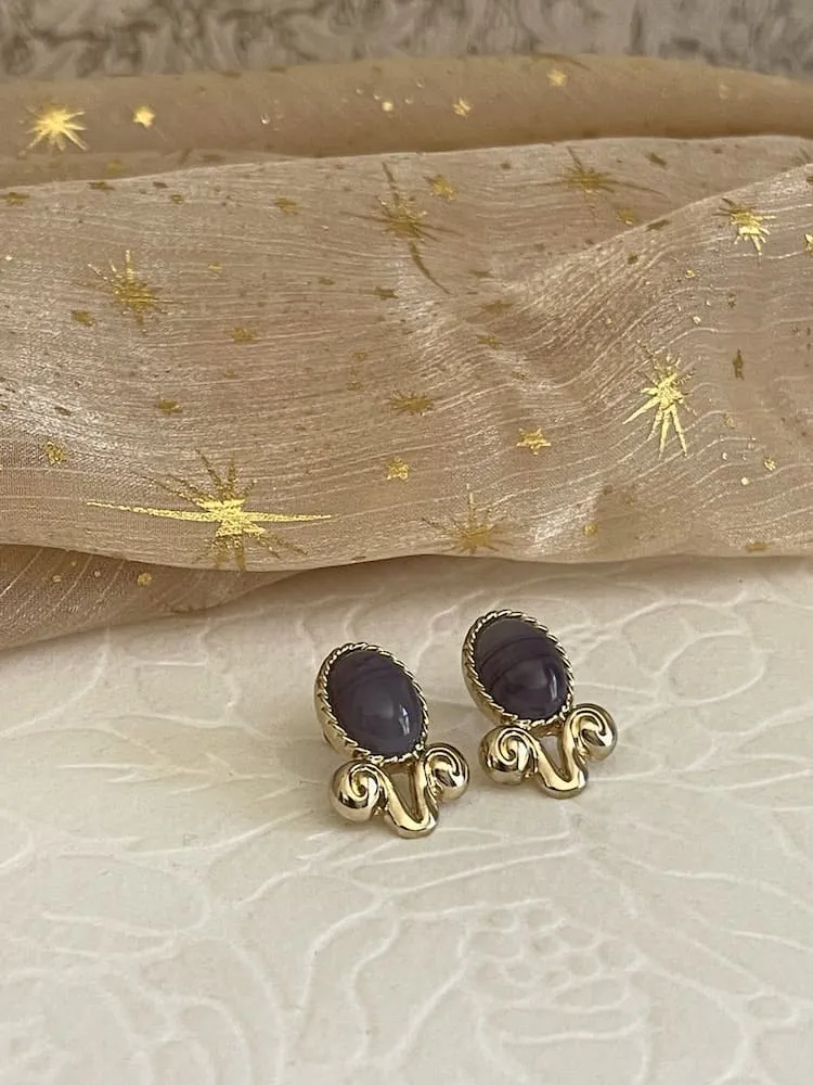 Historically Inspired Golden Filigree Earrings in Purple Chalcedony