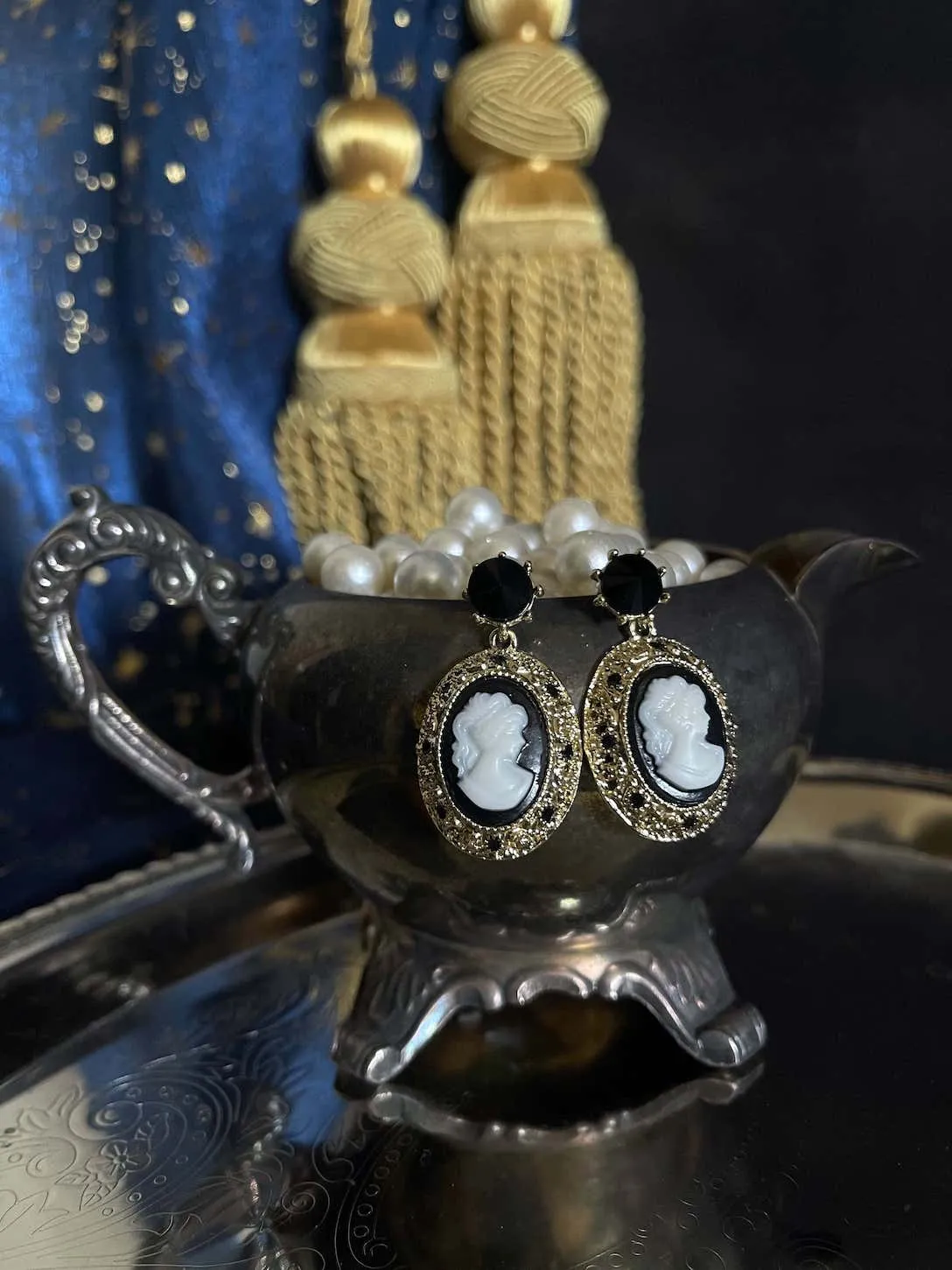 Historically Inspired Gothic Filigree Cameo Earrings in Black x Gold