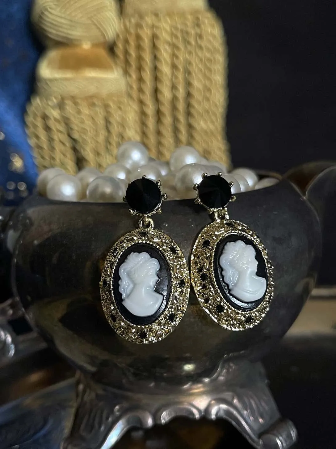 Historically Inspired Gothic Filigree Cameo Earrings in Black x Gold