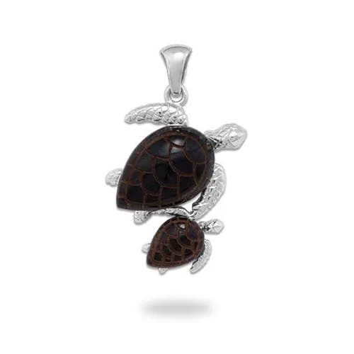 Honu Black Coral Pendant in White Gold - 24mm