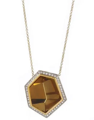 Mirror Cut Citrine Hexagon Diamond Halo Necklace