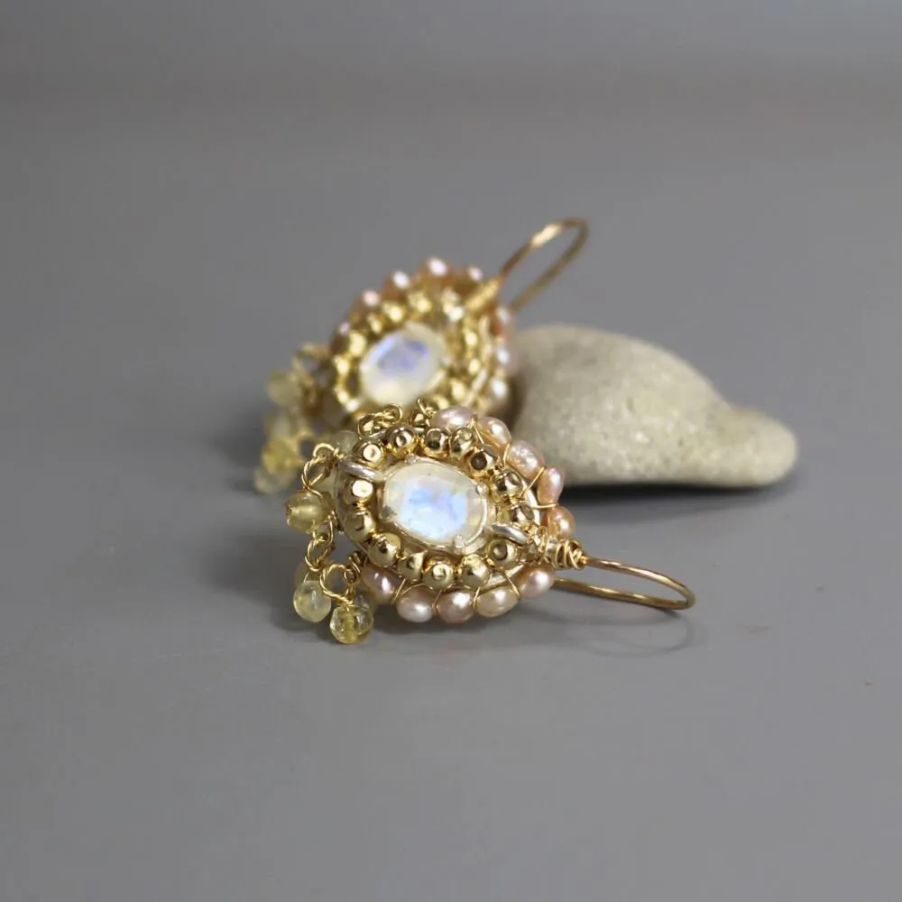 Moonstone Pearl Citrine Cherkes Earrings