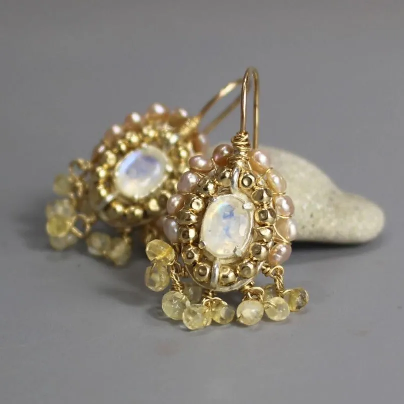 Moonstone Pearl Citrine Cherkes Earrings