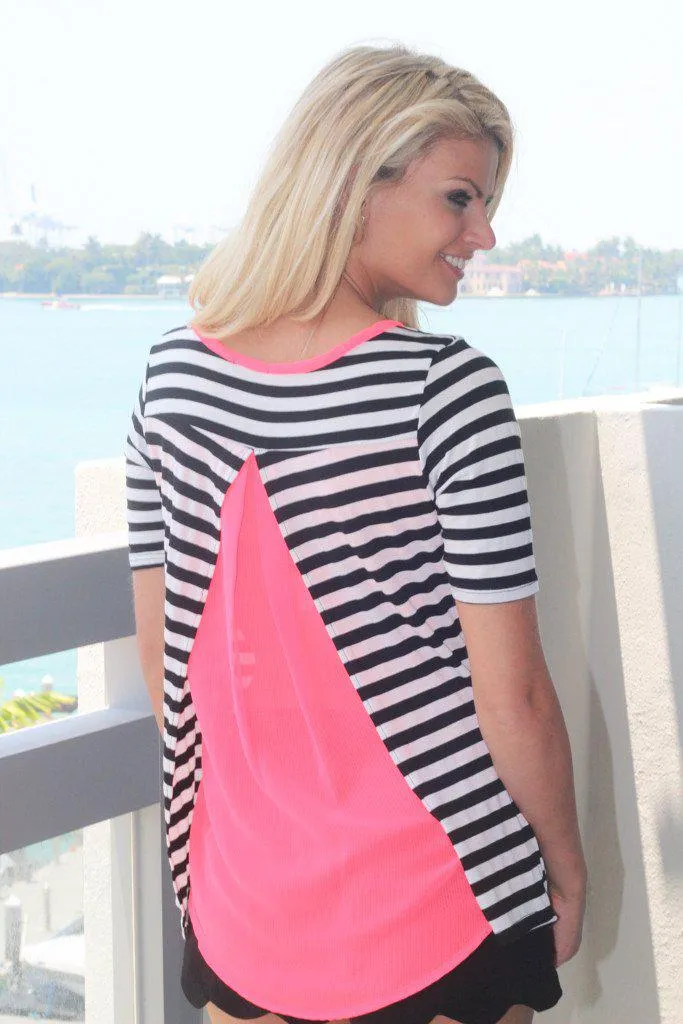 Neon Coral And Black Striped Top