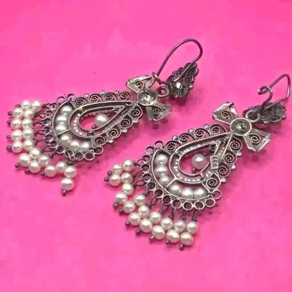 Oaxacan vintage Silver filigree earrings with pearls, circa 1940