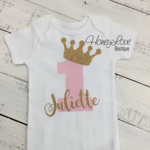 Personalized First Birthday Bodysuit - Gold glitter and Light Pink