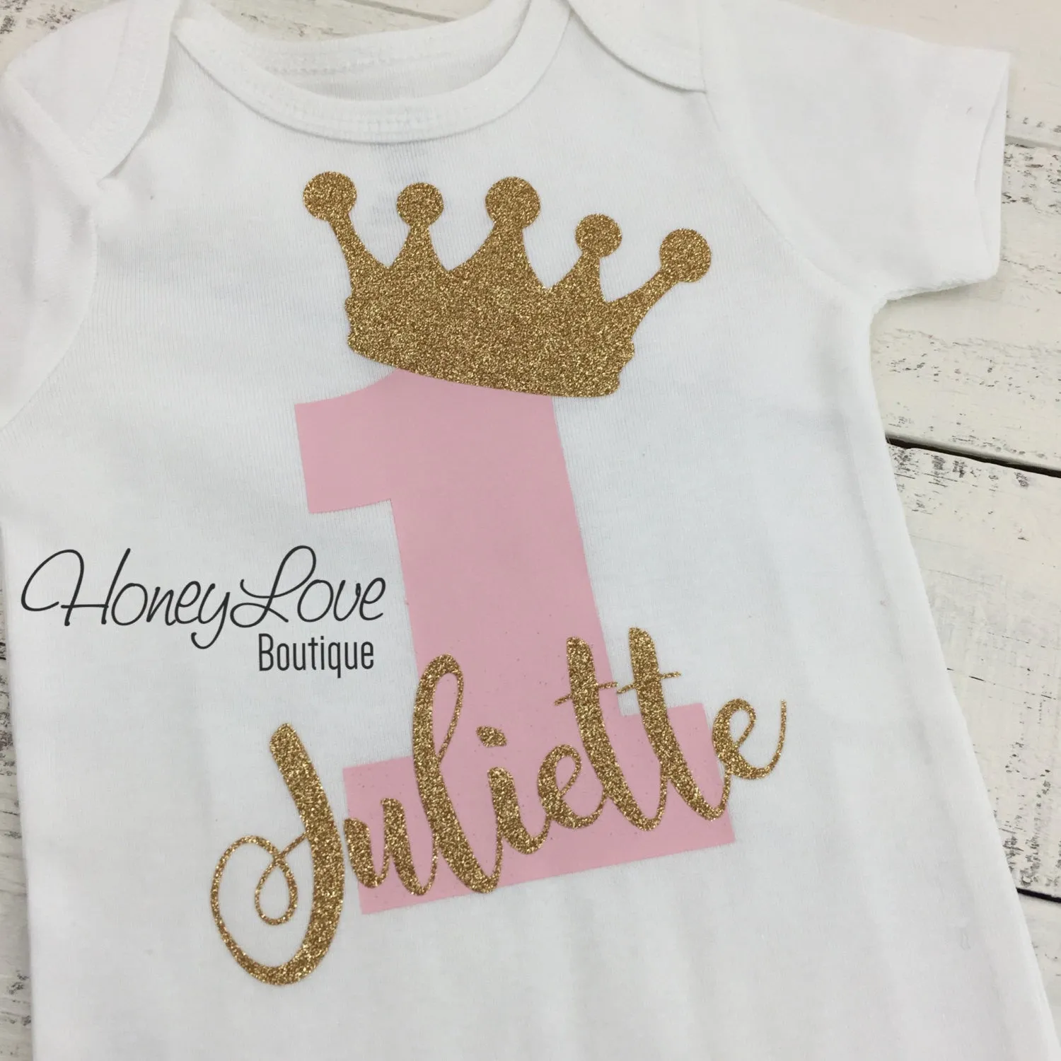 Personalized First Birthday Bodysuit - Gold glitter and Light Pink