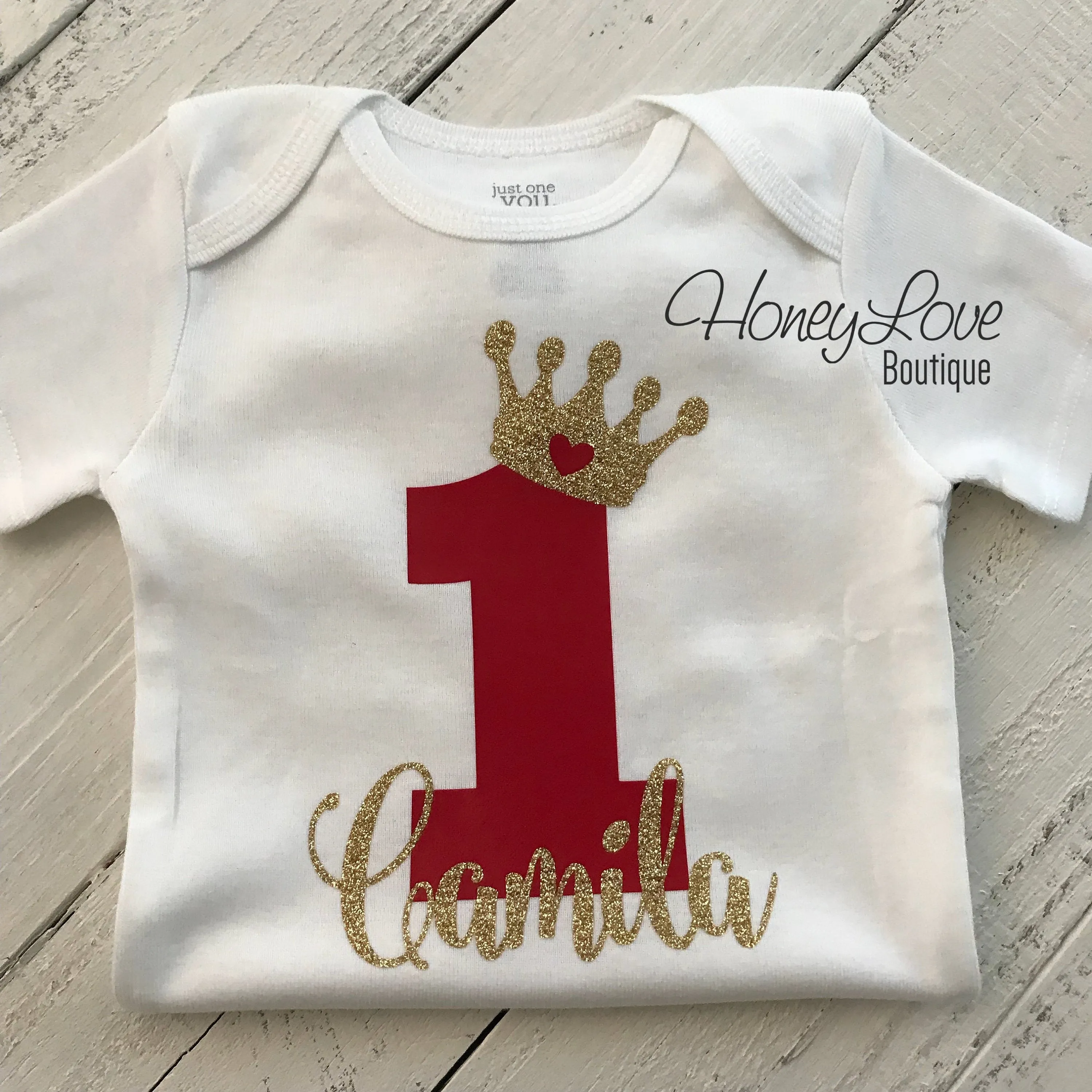 Personalized First Birthday Princess Bodysuit - Red and Silver/Gold glitter