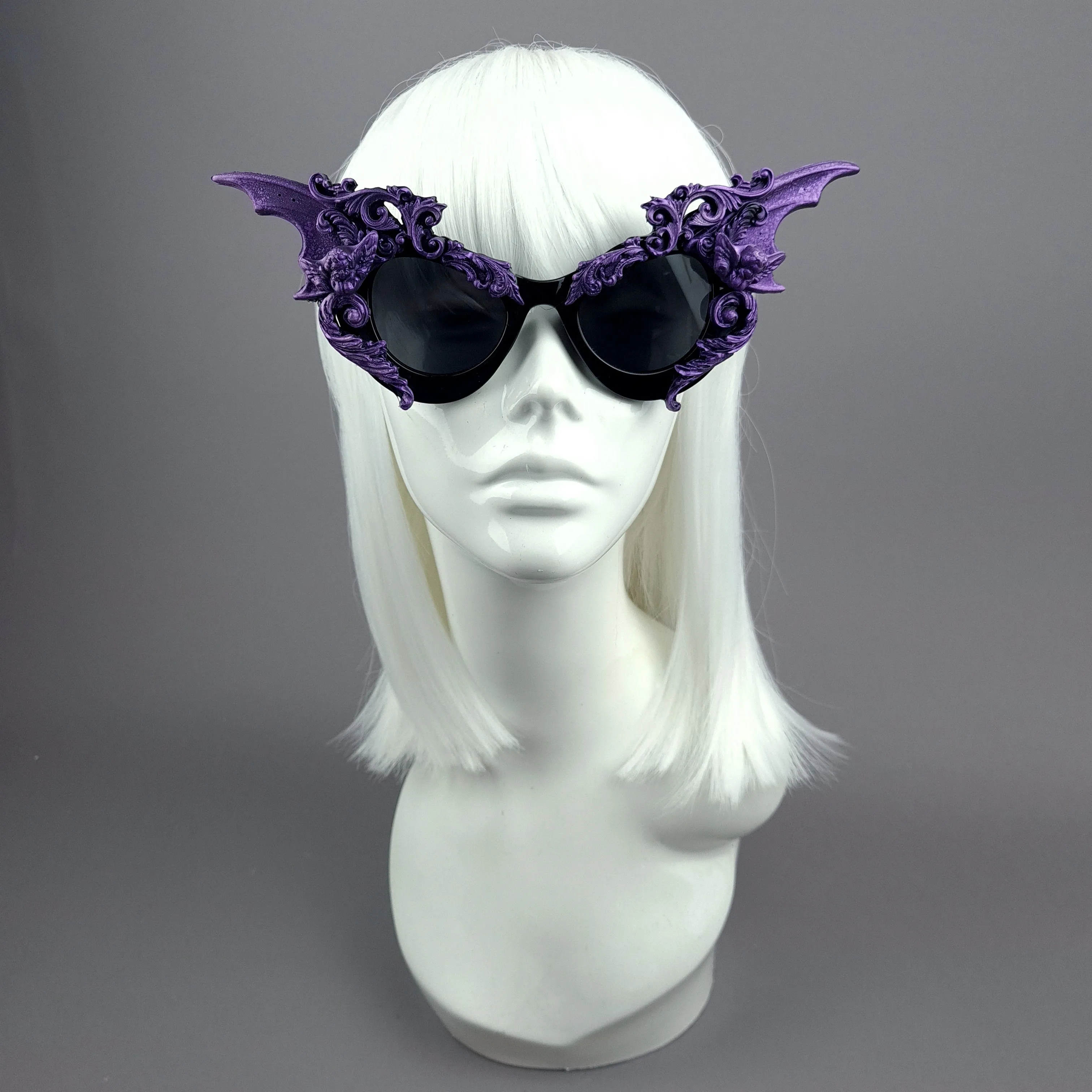 "Bathory" Black & Purple Filigree Ornate Bat Wing & Cherub Sunglasses