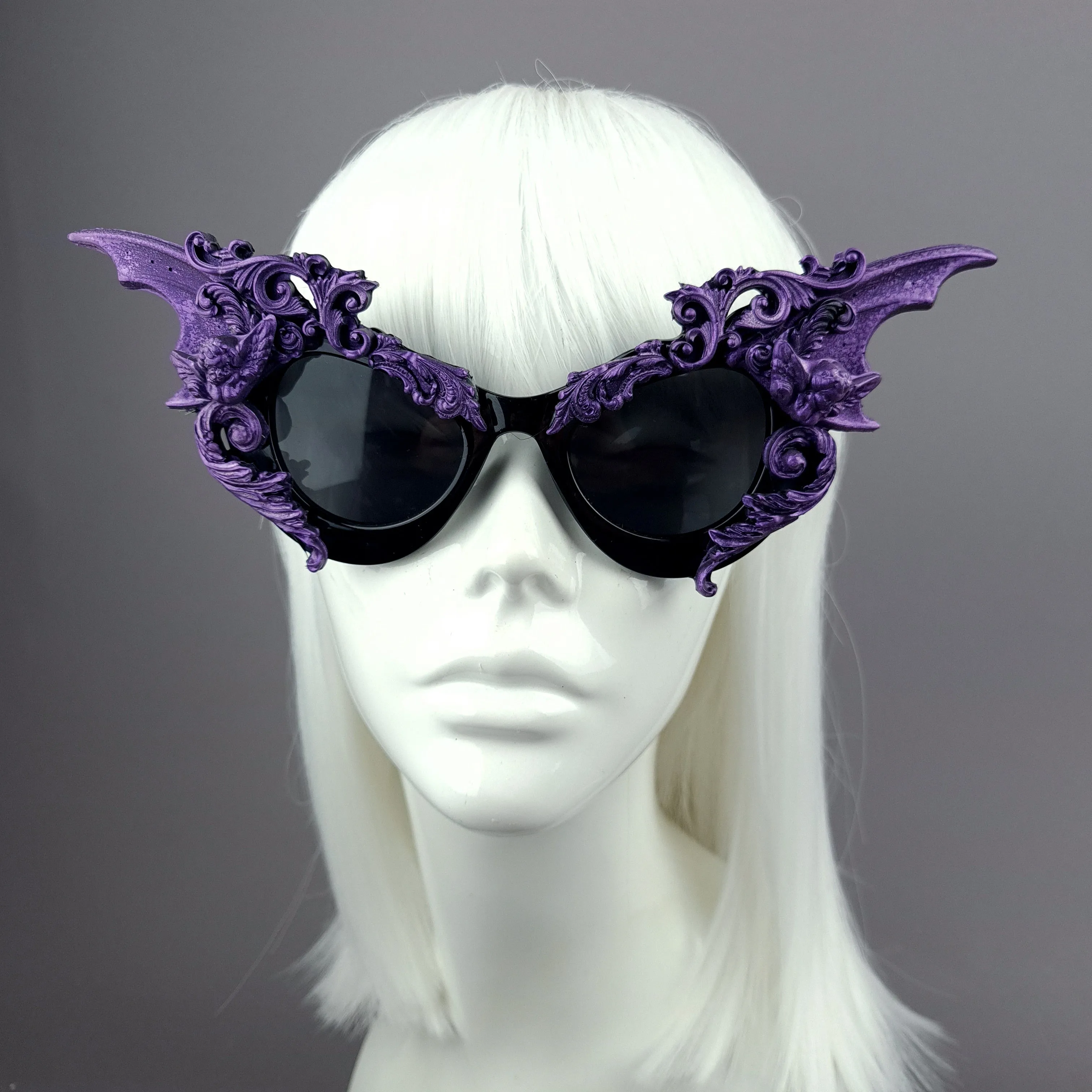 "Bathory" Black & Purple Filigree Ornate Bat Wing & Cherub Sunglasses