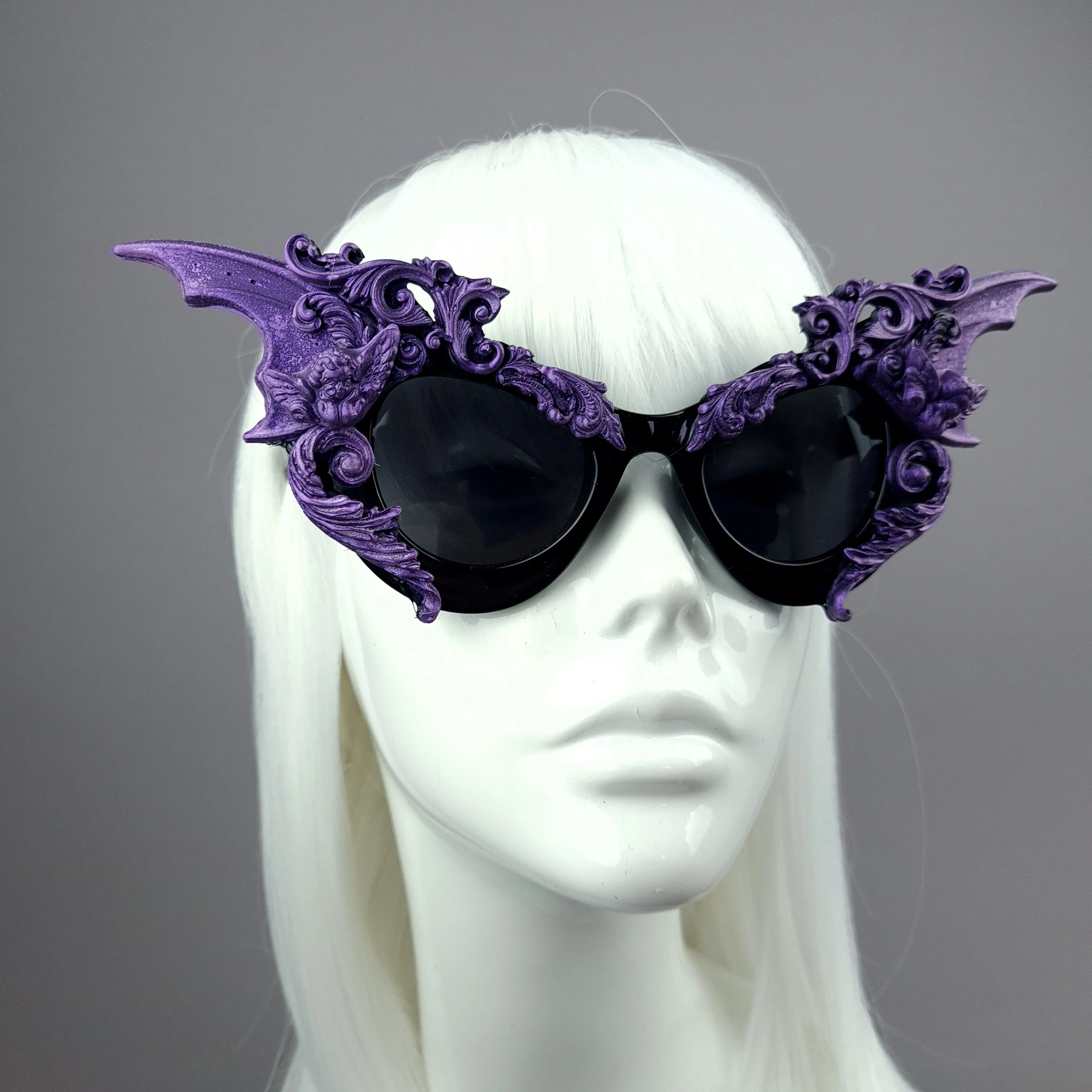 "Bathory" Black & Purple Filigree Ornate Bat Wing & Cherub Sunglasses