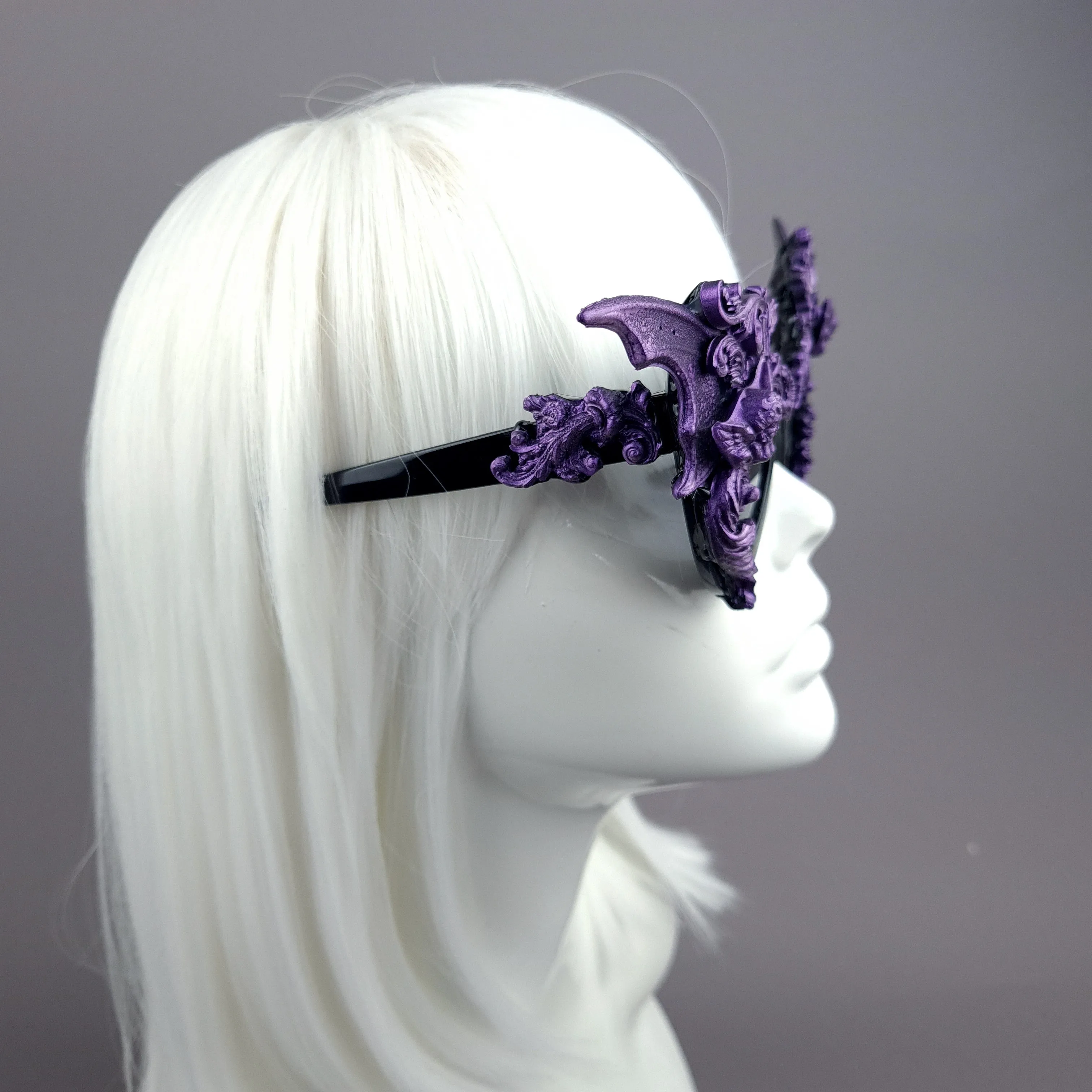 "Bathory" Black & Purple Filigree Ornate Bat Wing & Cherub Sunglasses