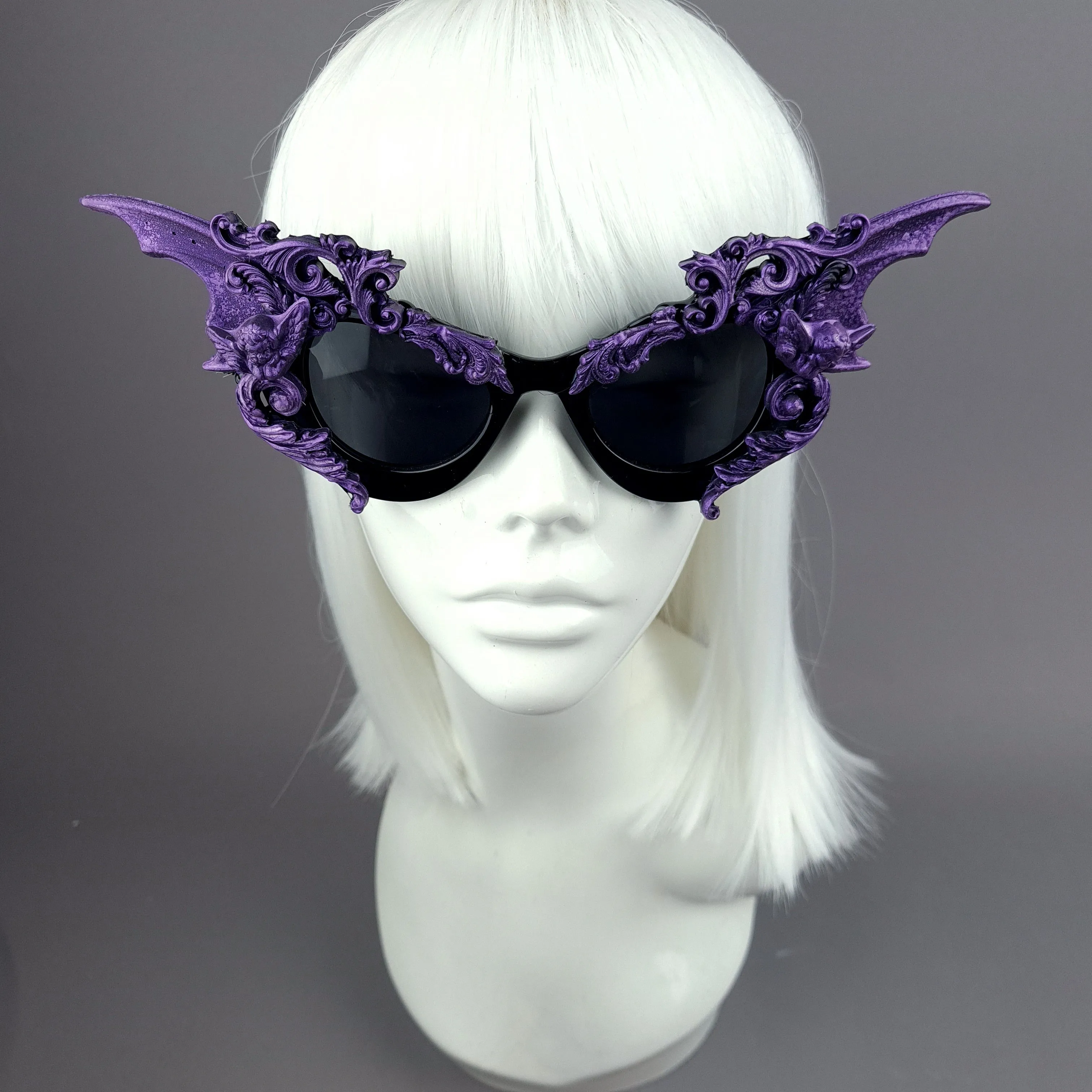 "Bathory" Black & Purple Filigree Ornate Bat Wing & Cherub Sunglasses