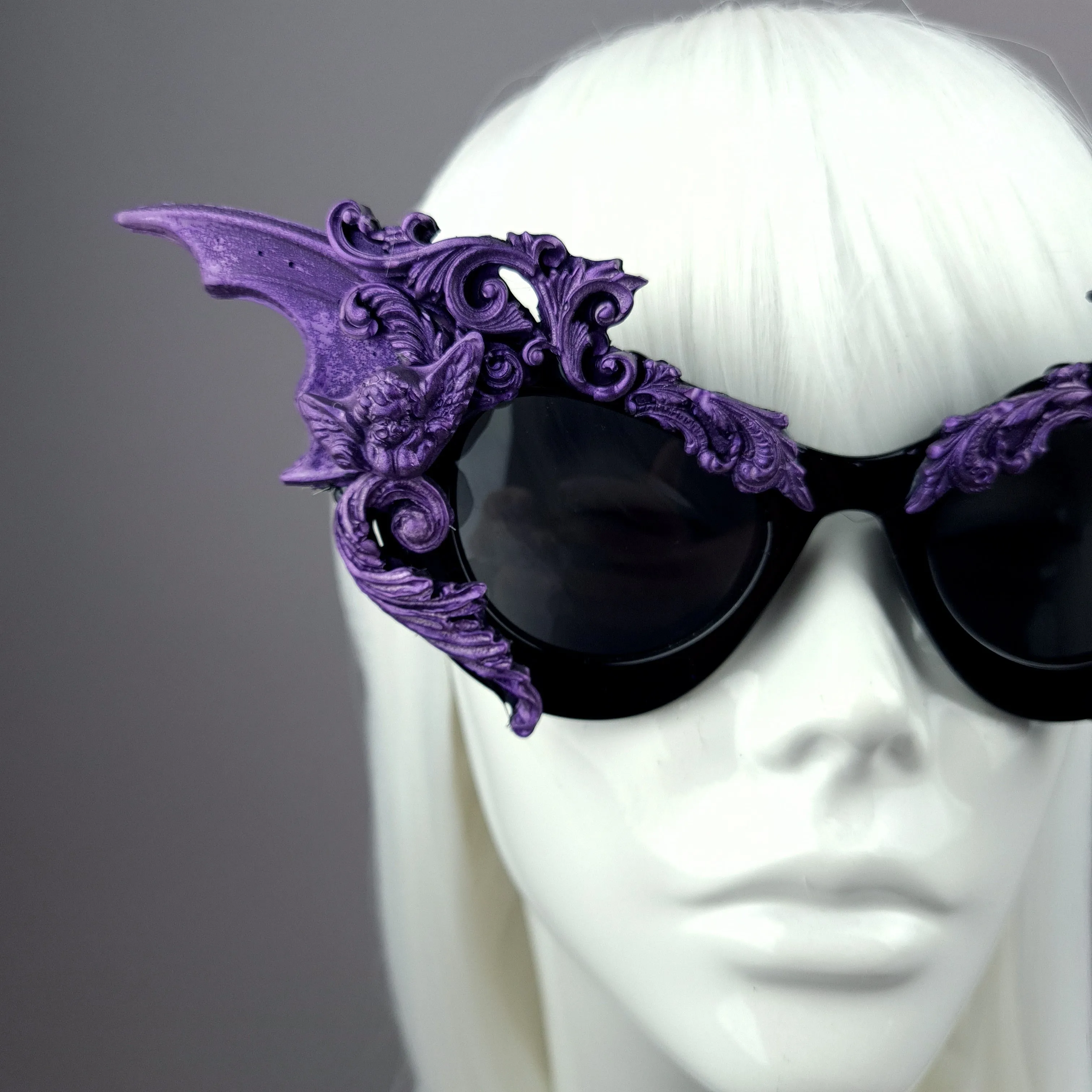 "Bathory" Black & Purple Filigree Ornate Bat Wing & Cherub Sunglasses