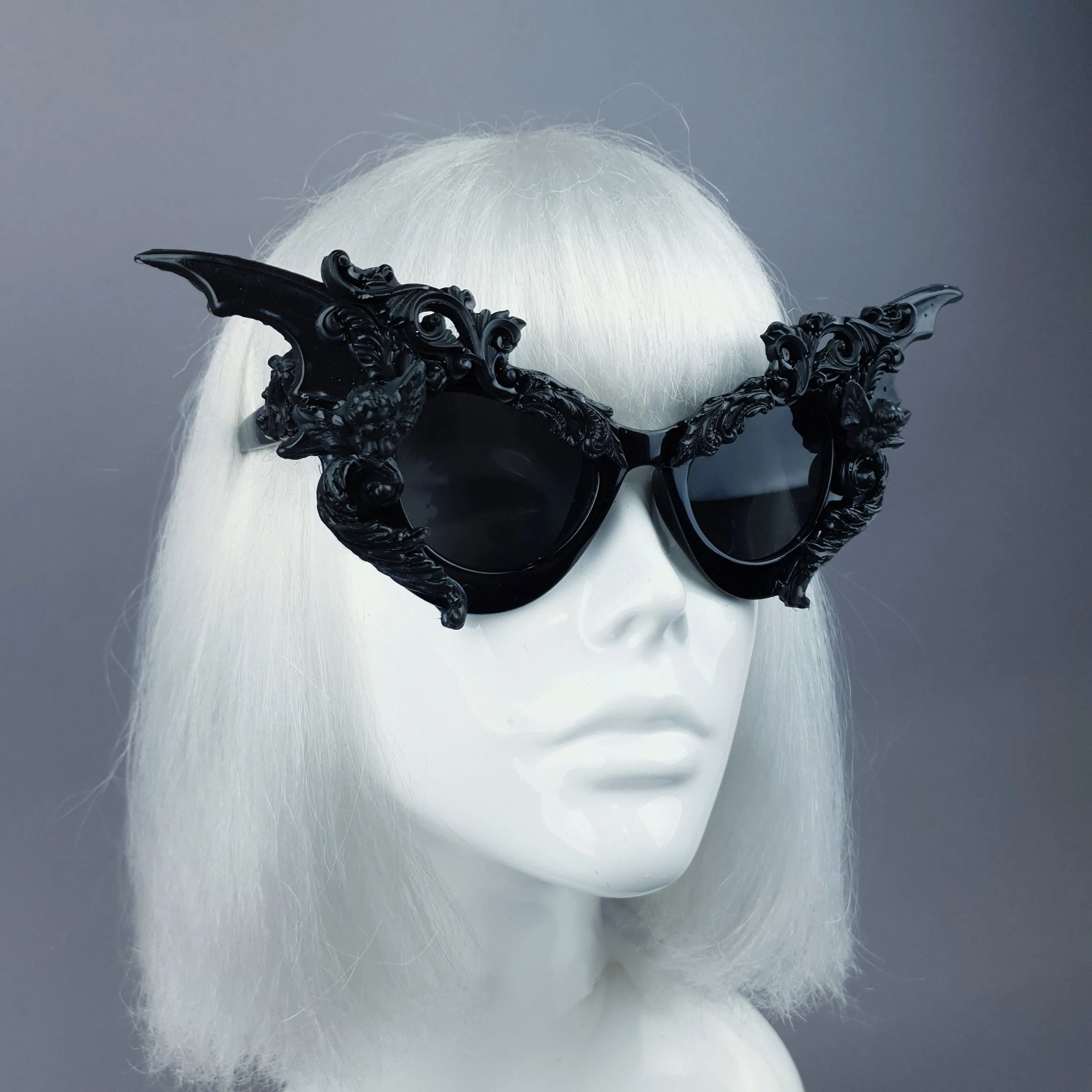 "Bathory" Black Filigree Ornate Bat Wing & Cherub  Sunglasses