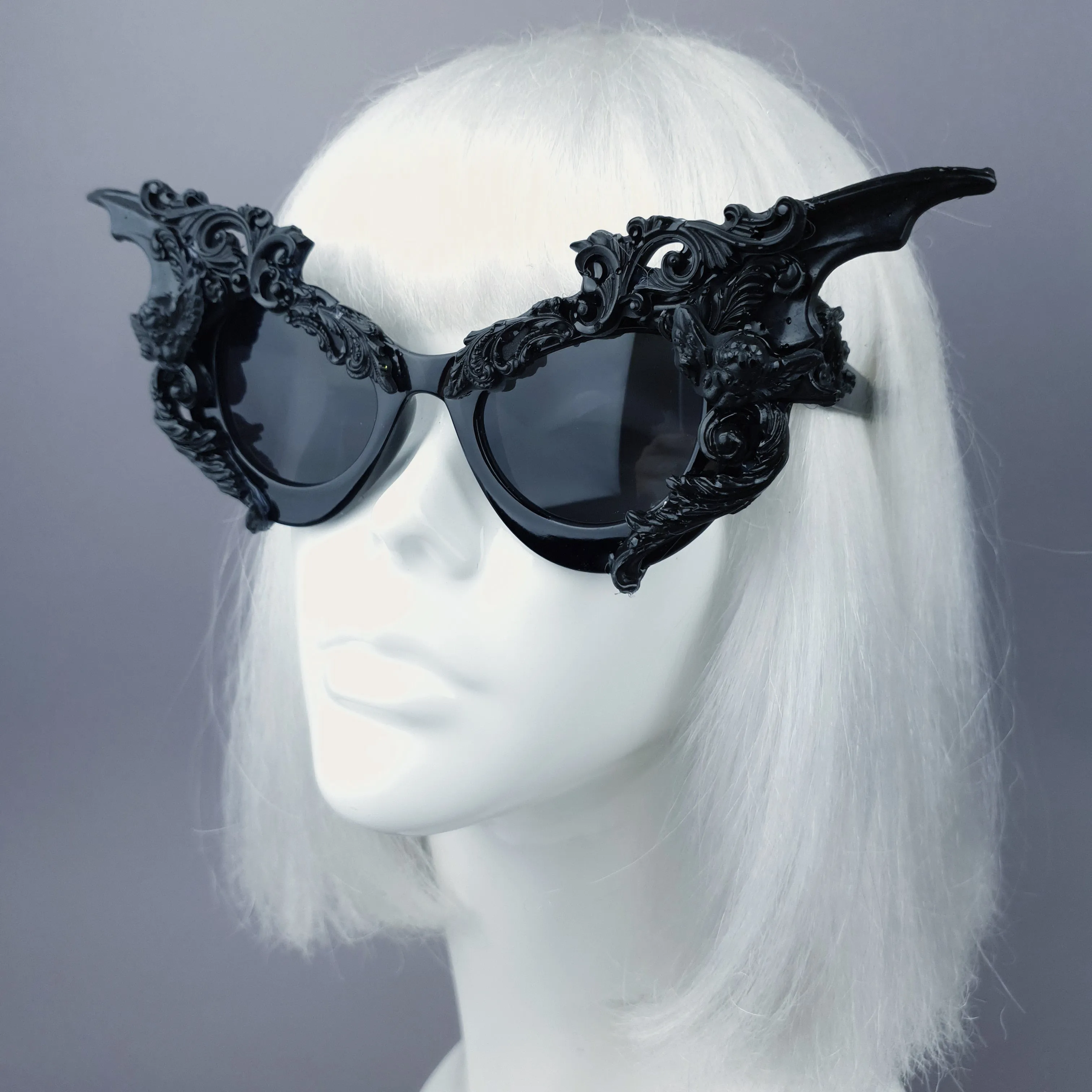 "Bathory" Black Filigree Ornate Bat Wing & Cherub  Sunglasses