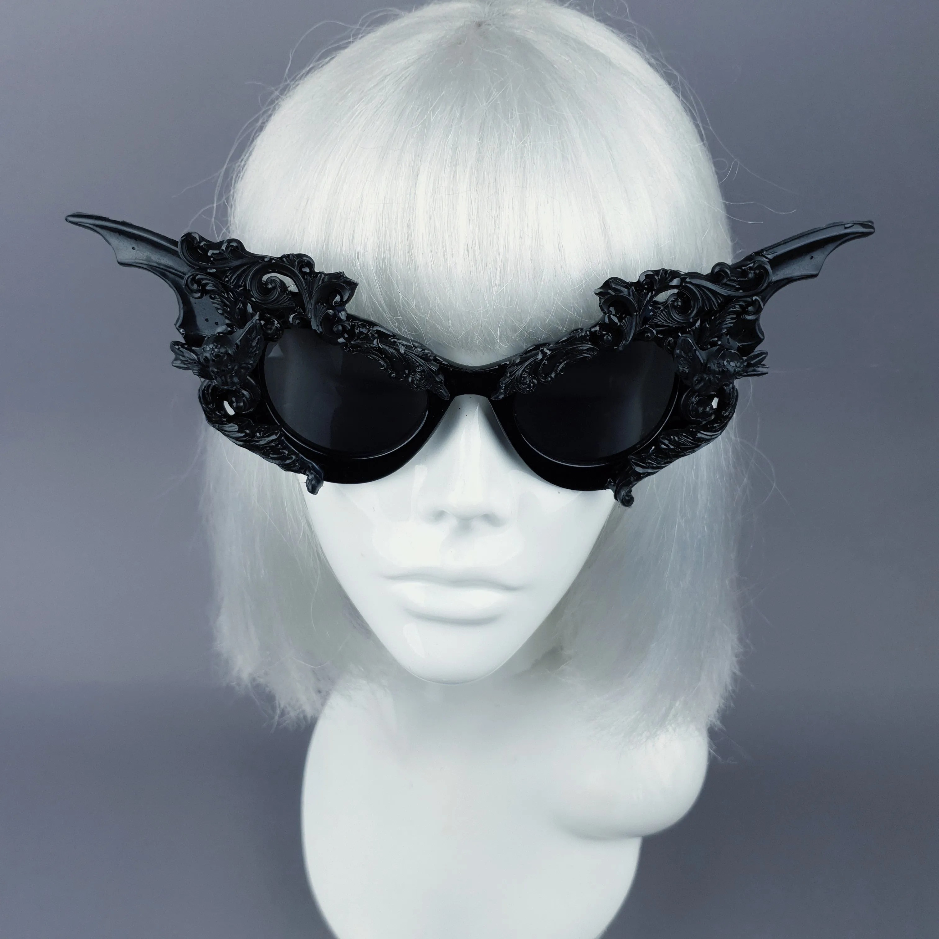 "Bathory" Black Filigree Ornate Bat Wing & Cherub  Sunglasses