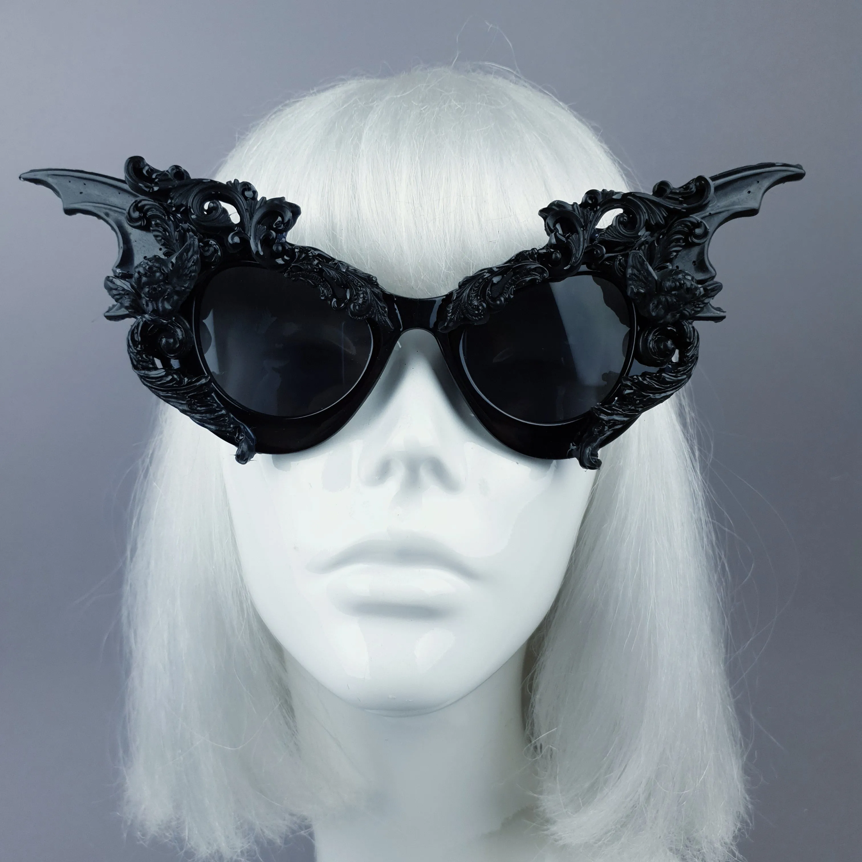 "Bathory" Black Filigree Ornate Bat Wing & Cherub  Sunglasses