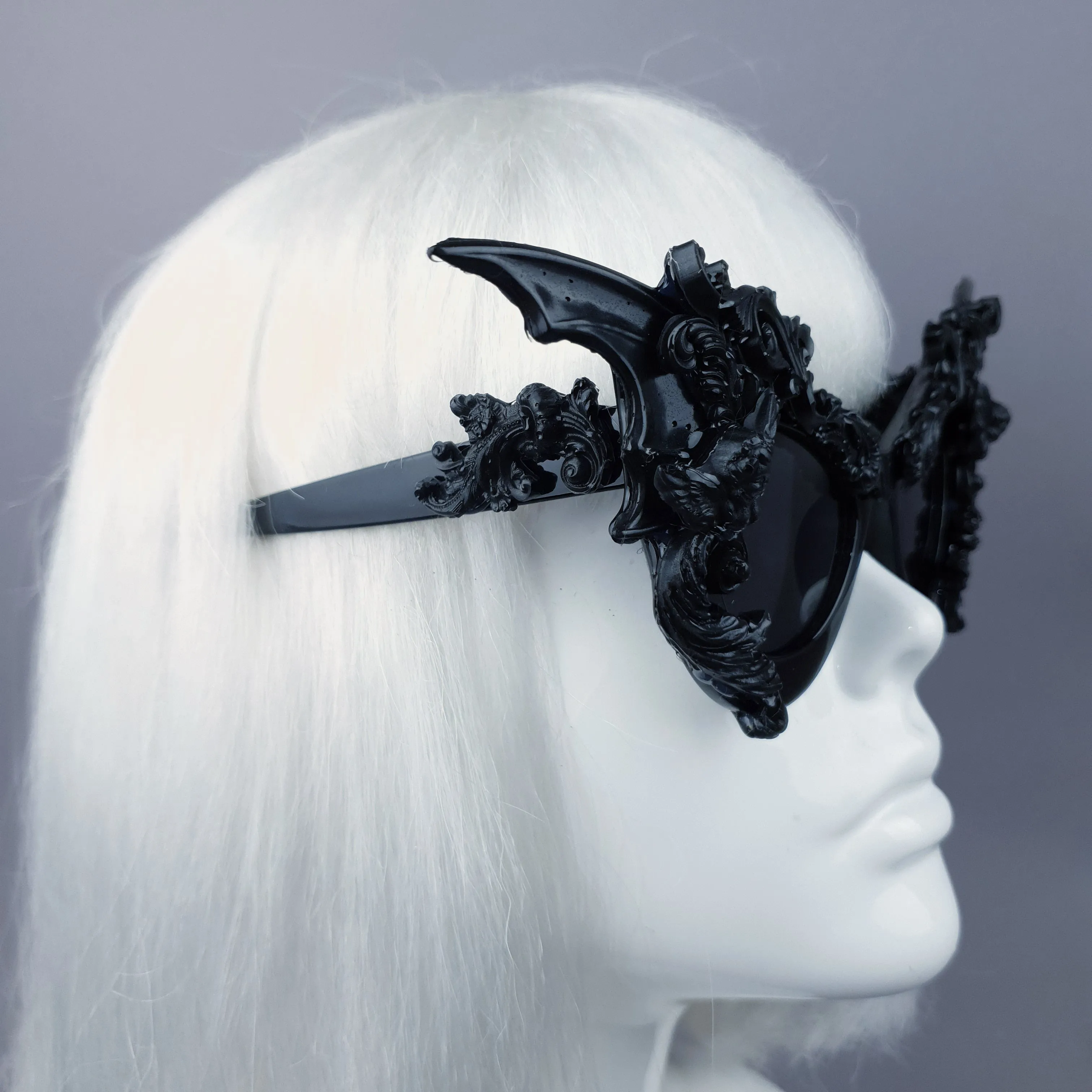 "Bathory" Black Filigree Ornate Bat Wing & Cherub  Sunglasses