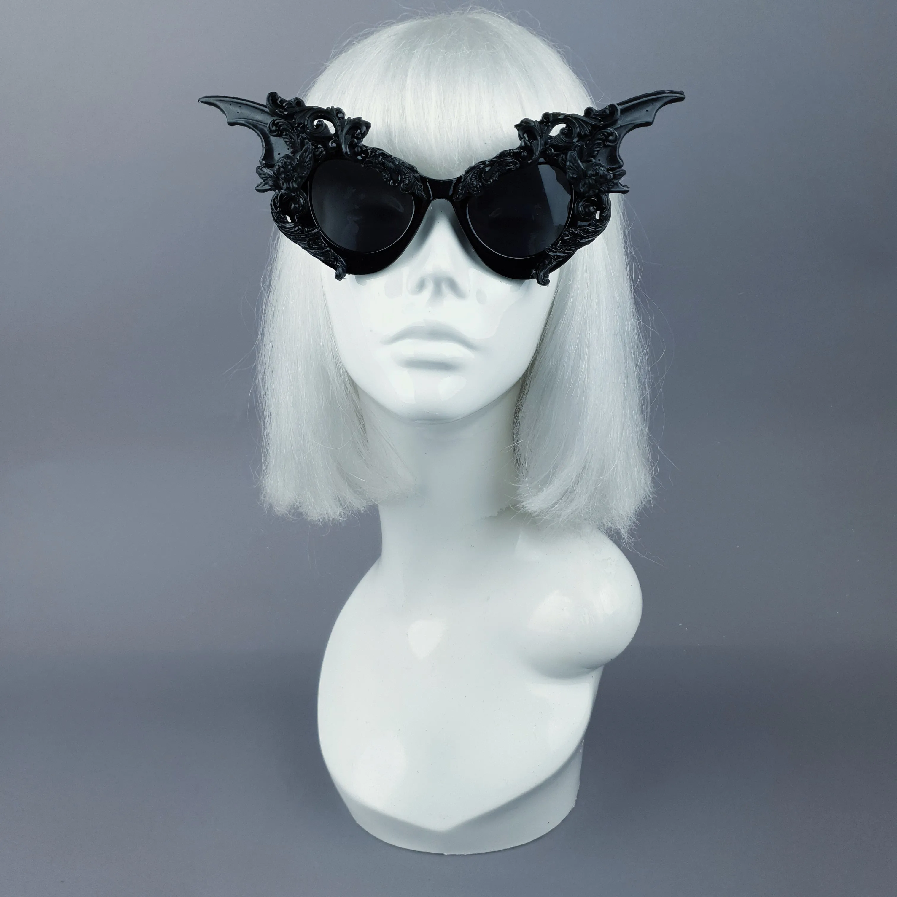 "Bathory" Black Filigree Ornate Bat Wing & Cherub  Sunglasses