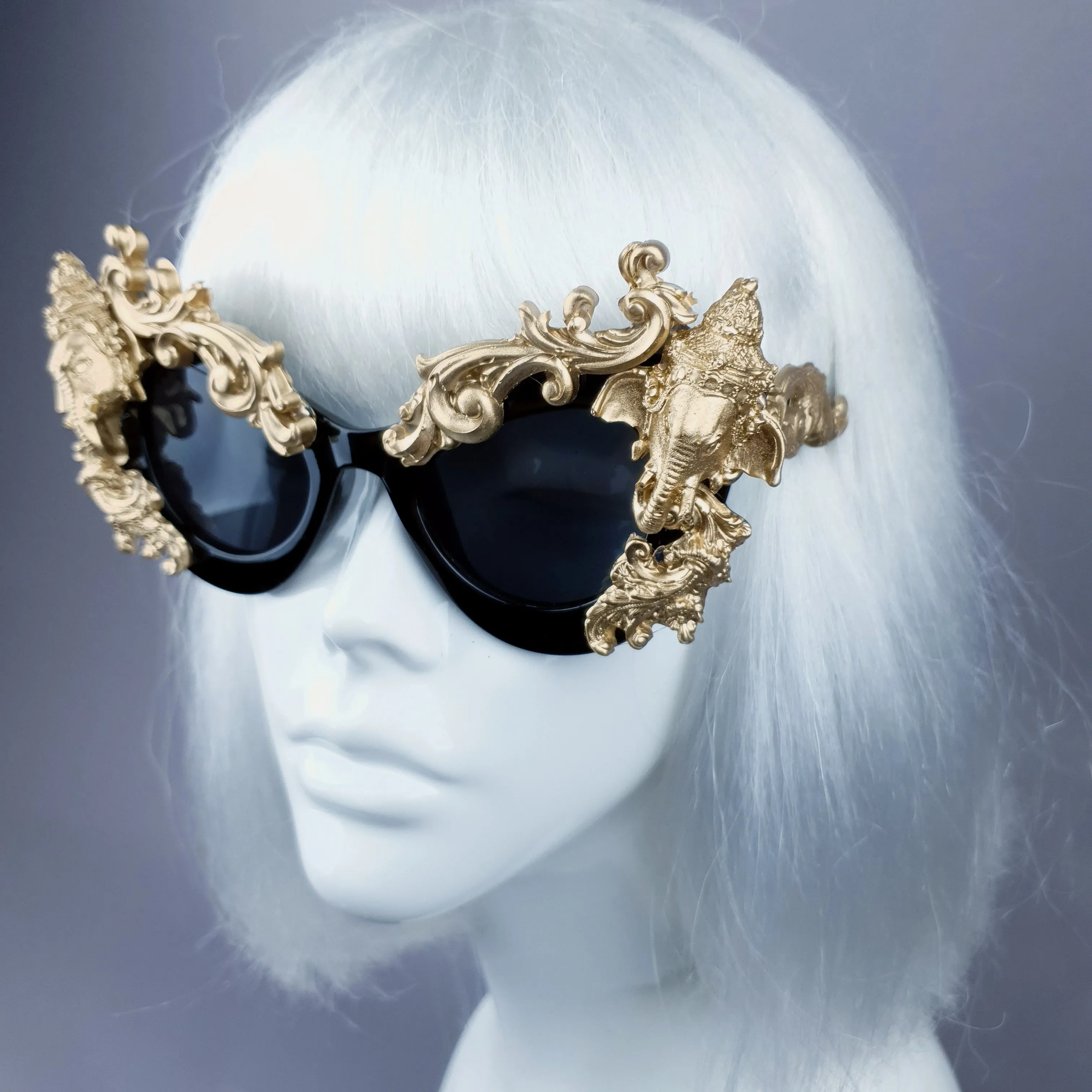 "Deva" Black & Gold Filigree Ganesh Catseye Sunglasses