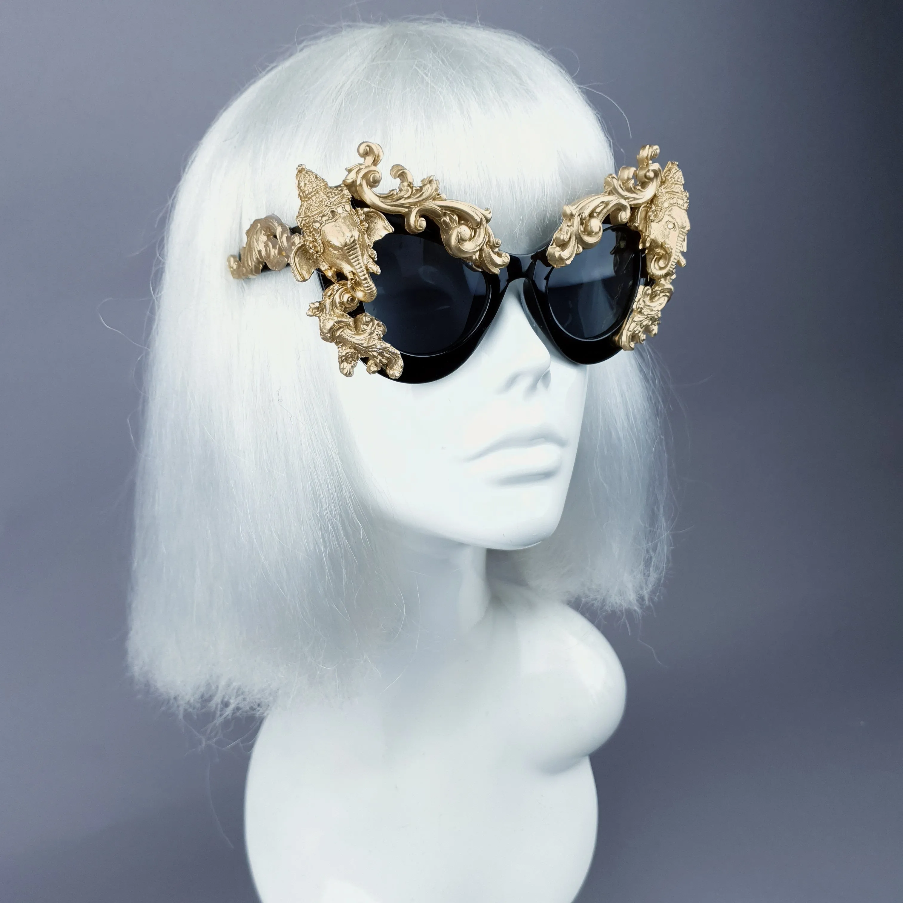 "Deva" Black & Gold Filigree Ganesh Catseye Sunglasses