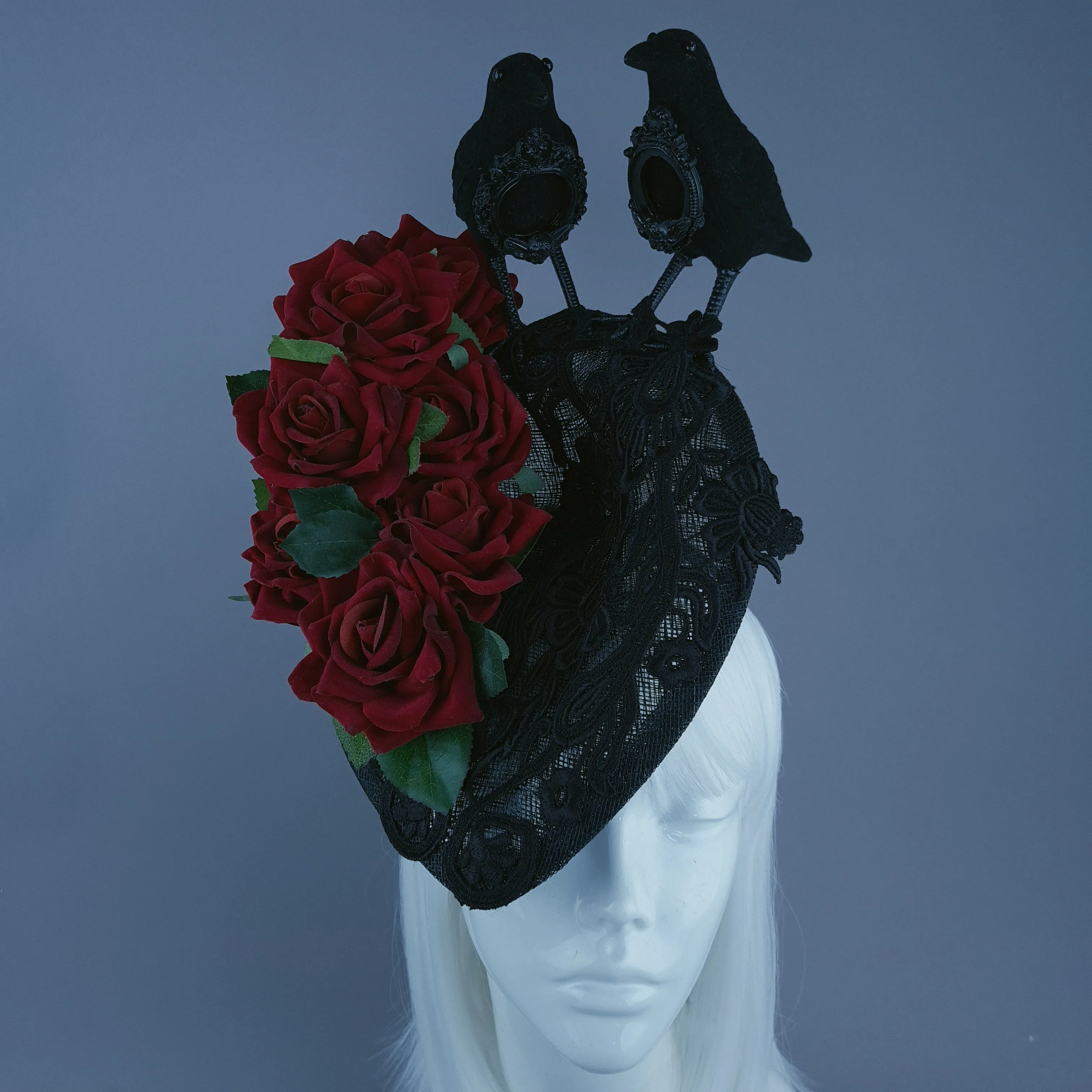 "Drusilla" Crows, Red Rose & Lace Fascinator Hat Headdress