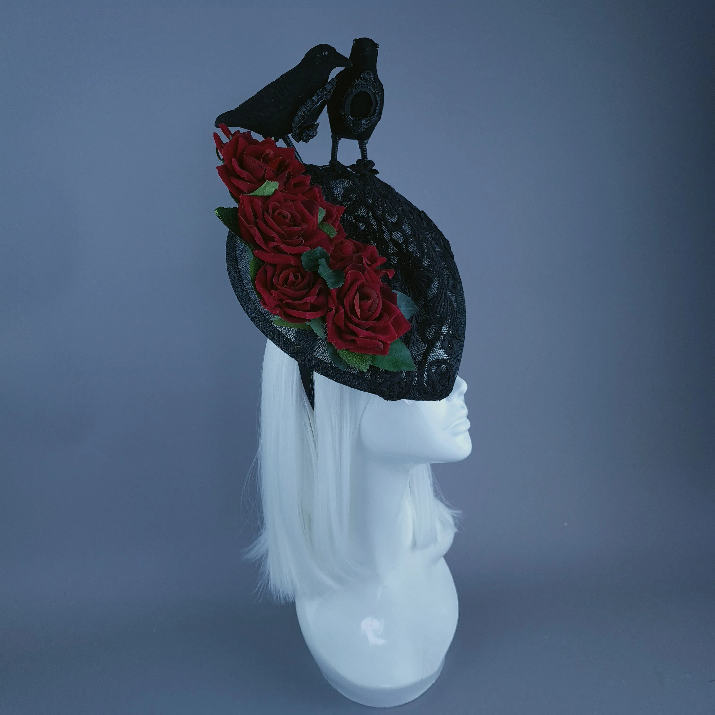 "Drusilla" Crows, Red Rose & Lace Fascinator Hat Headdress