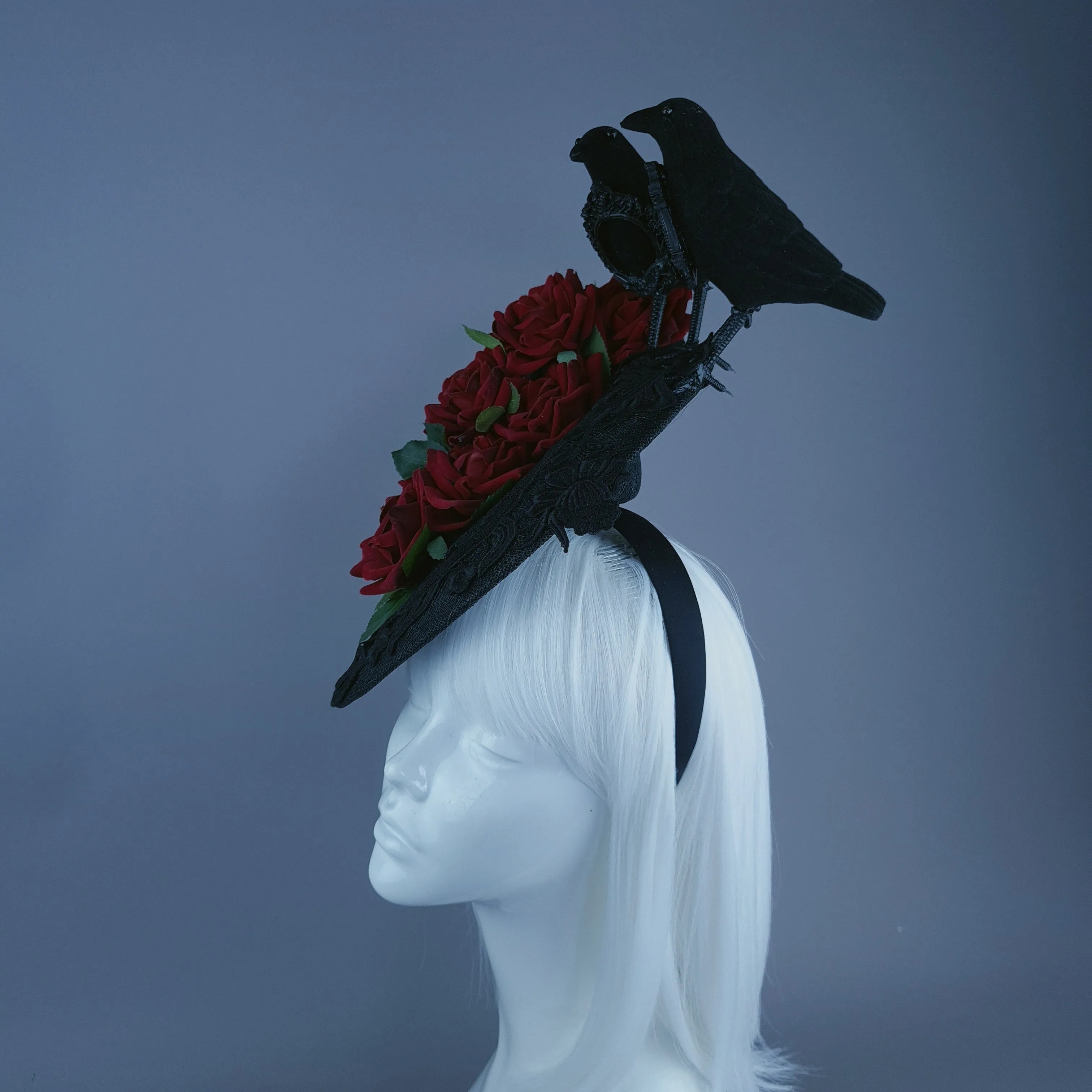 "Drusilla" Crows, Red Rose & Lace Fascinator Hat Headdress