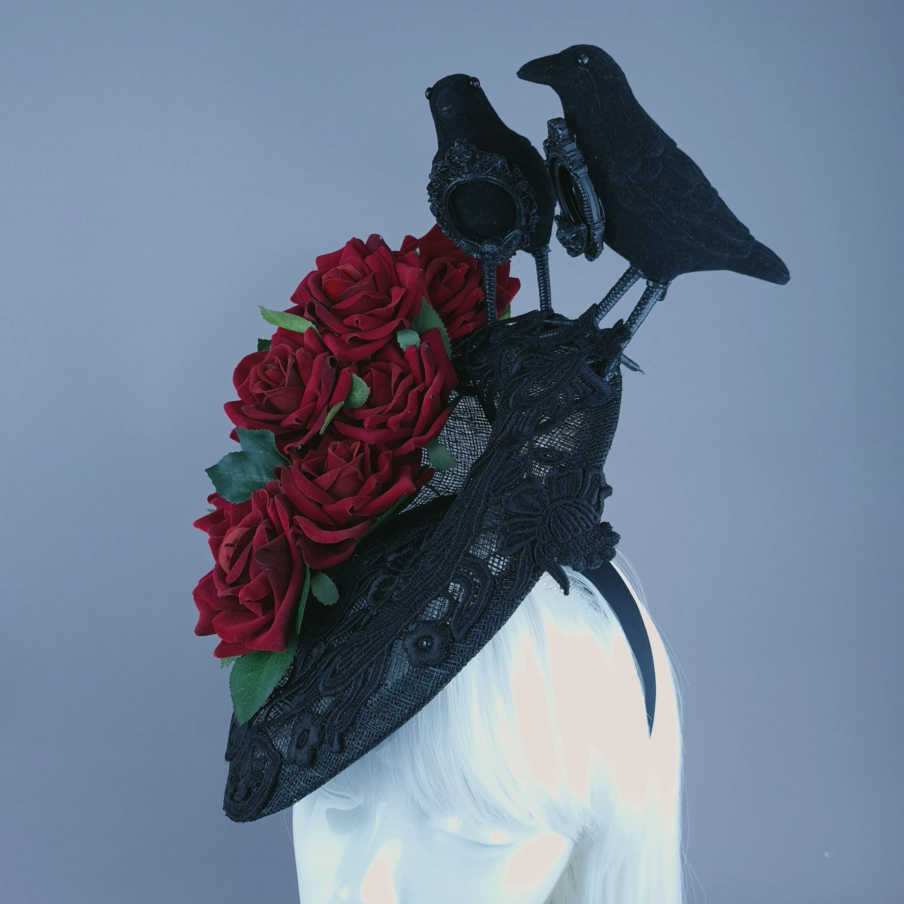 "Drusilla" Crows, Red Rose & Lace Fascinator Hat Headdress