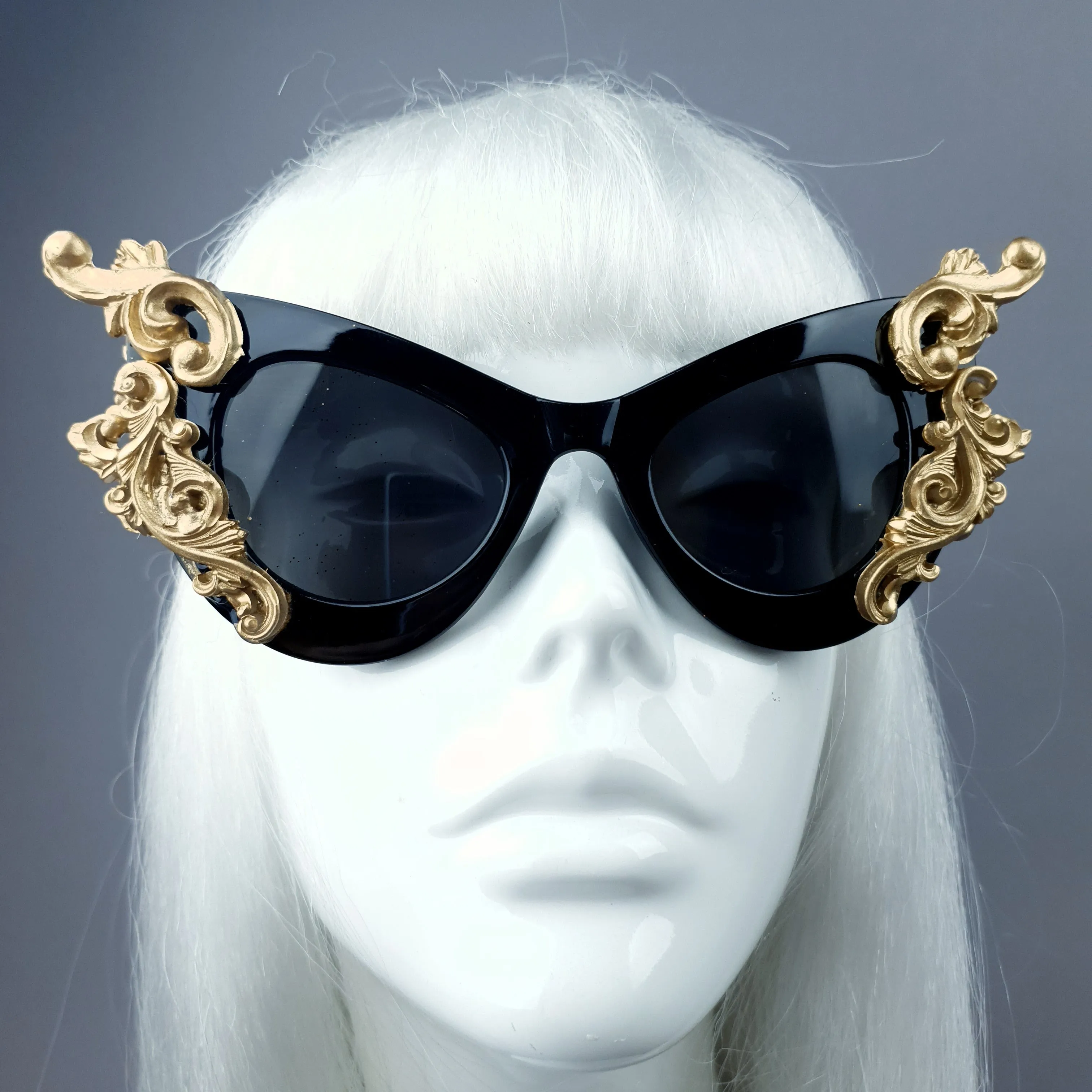 "Gothique" Black & Gold Filigree Bat Catseye Sunglasses