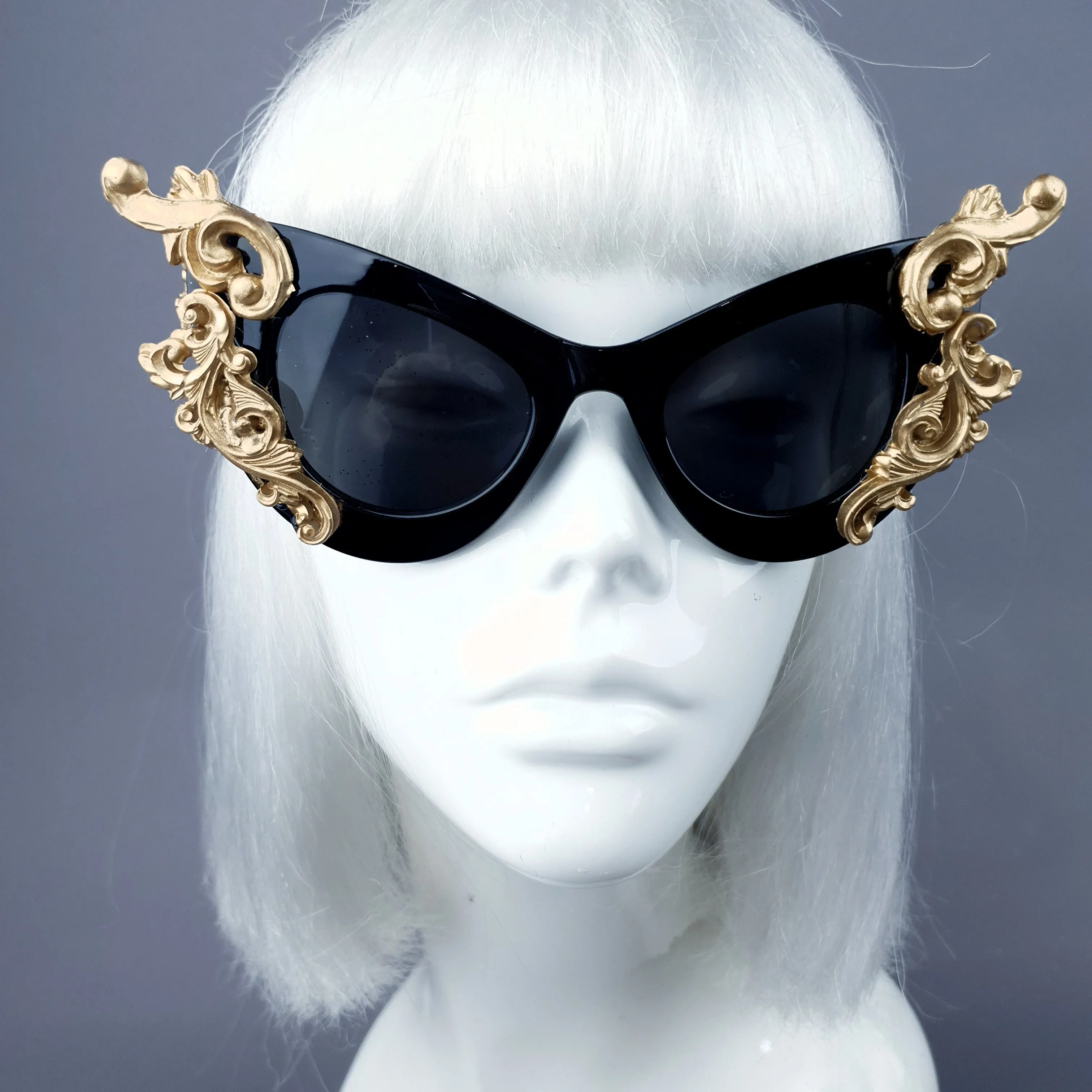 "Gothique" Black & Gold Filigree Bat Catseye Sunglasses