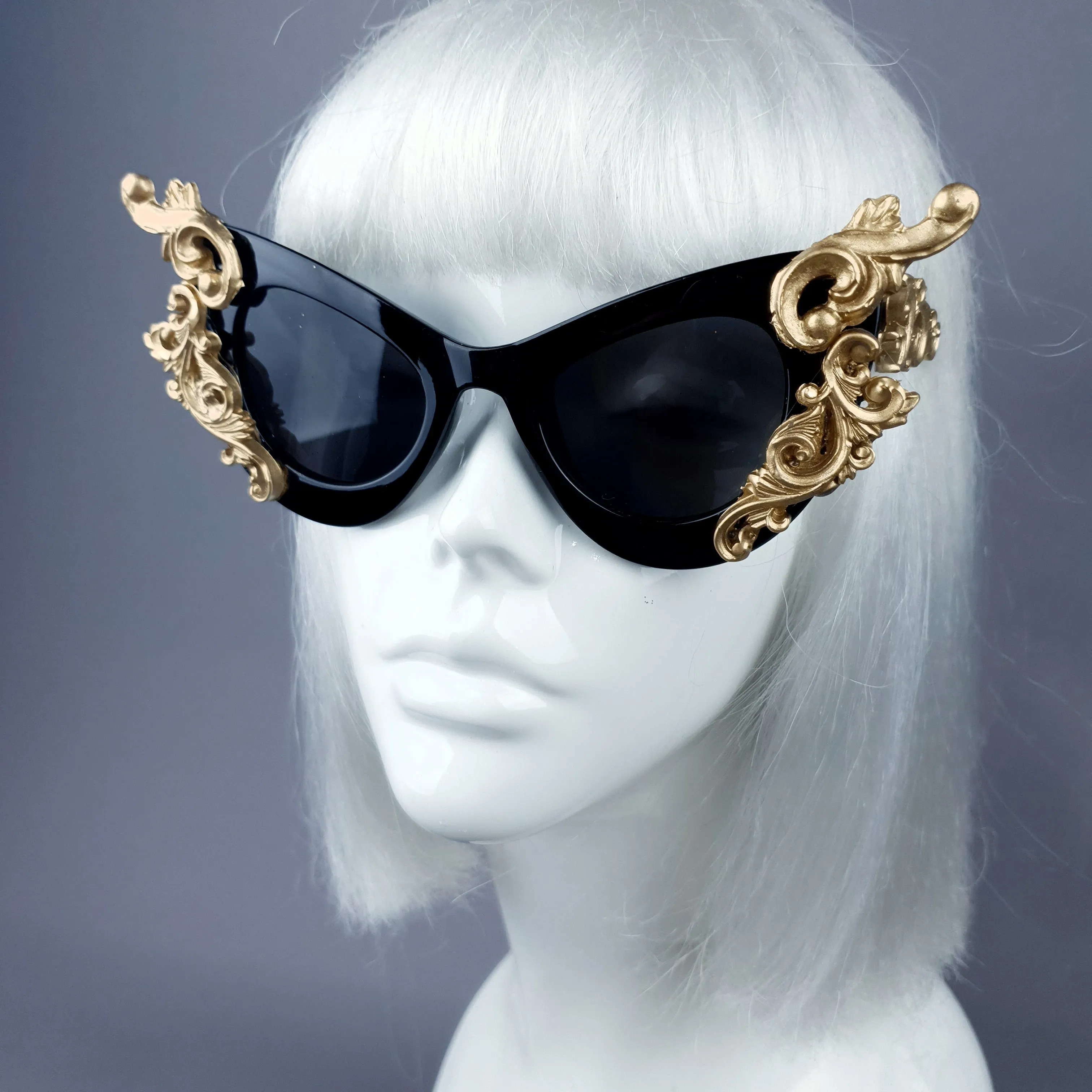 "Gothique" Black & Gold Filigree Bat Catseye Sunglasses