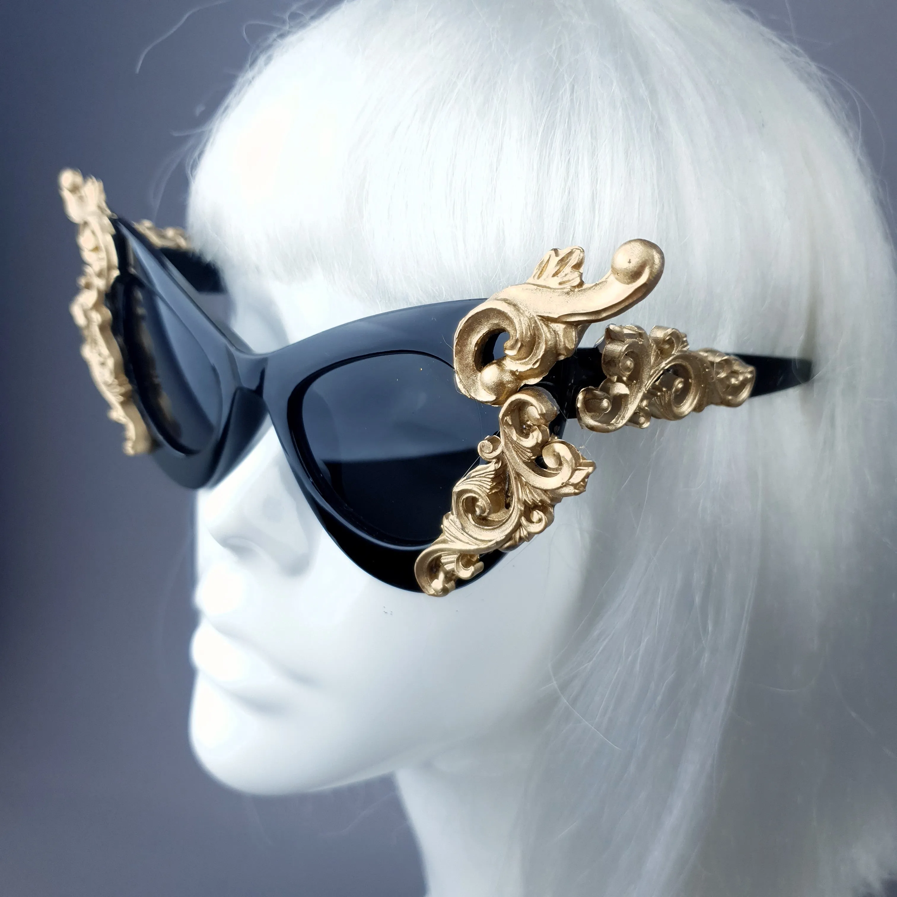 "Gothique" Black & Gold Filigree Bat Catseye Sunglasses