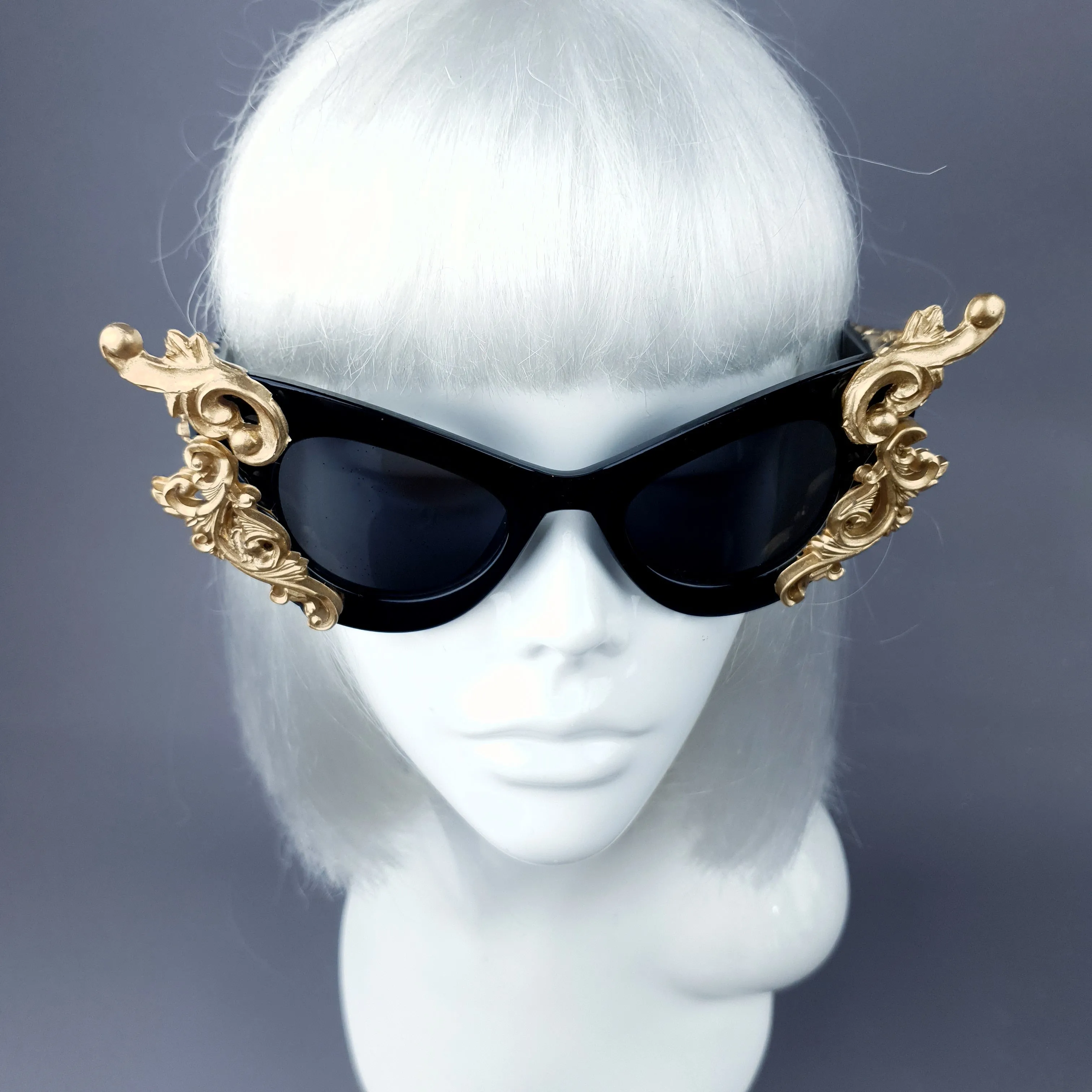 "Gothique" Black & Gold Filigree Bat Catseye Sunglasses