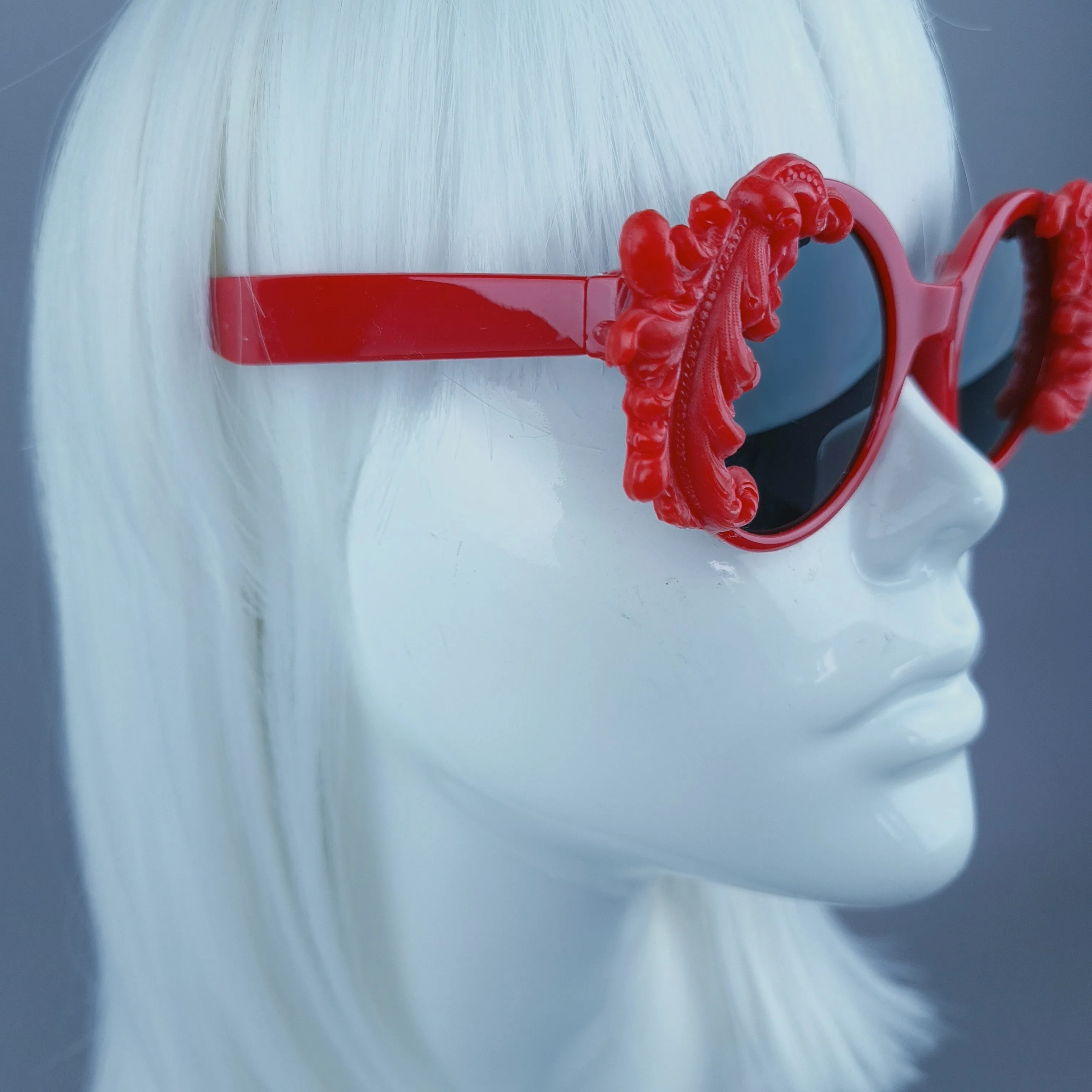 "Medora" Small Red Filigree Round Sunglasses