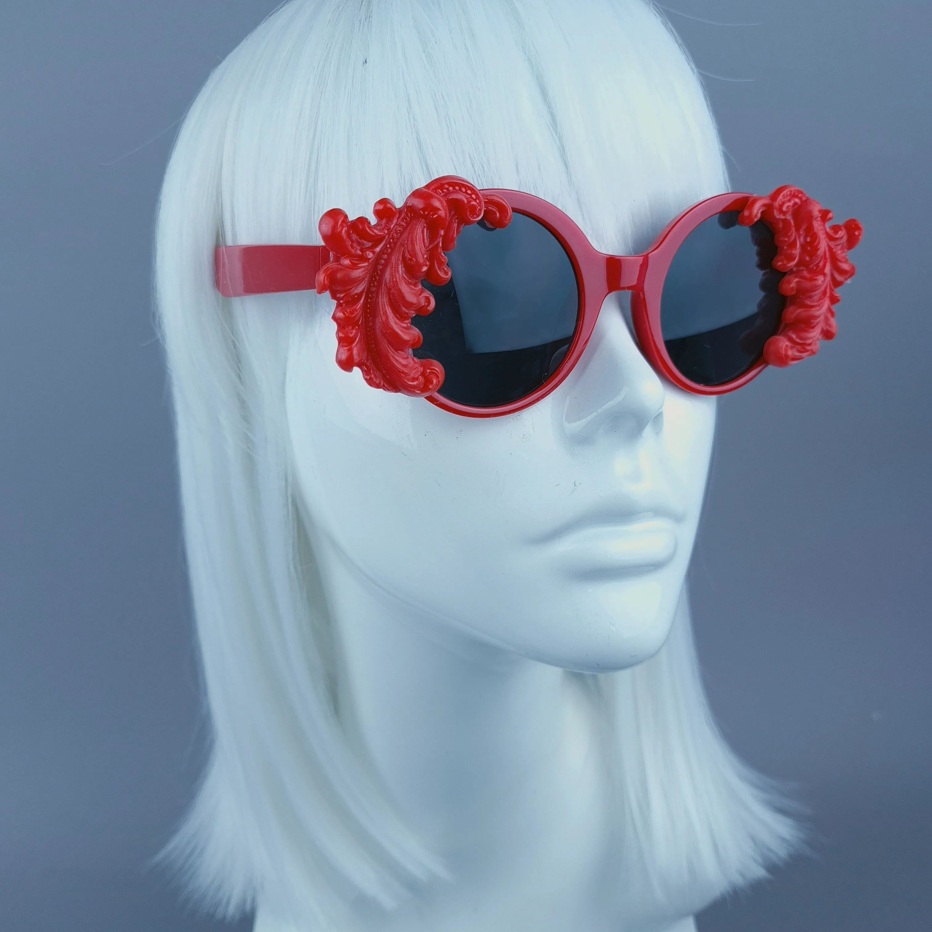 "Medora" Small Red Filigree Round Sunglasses