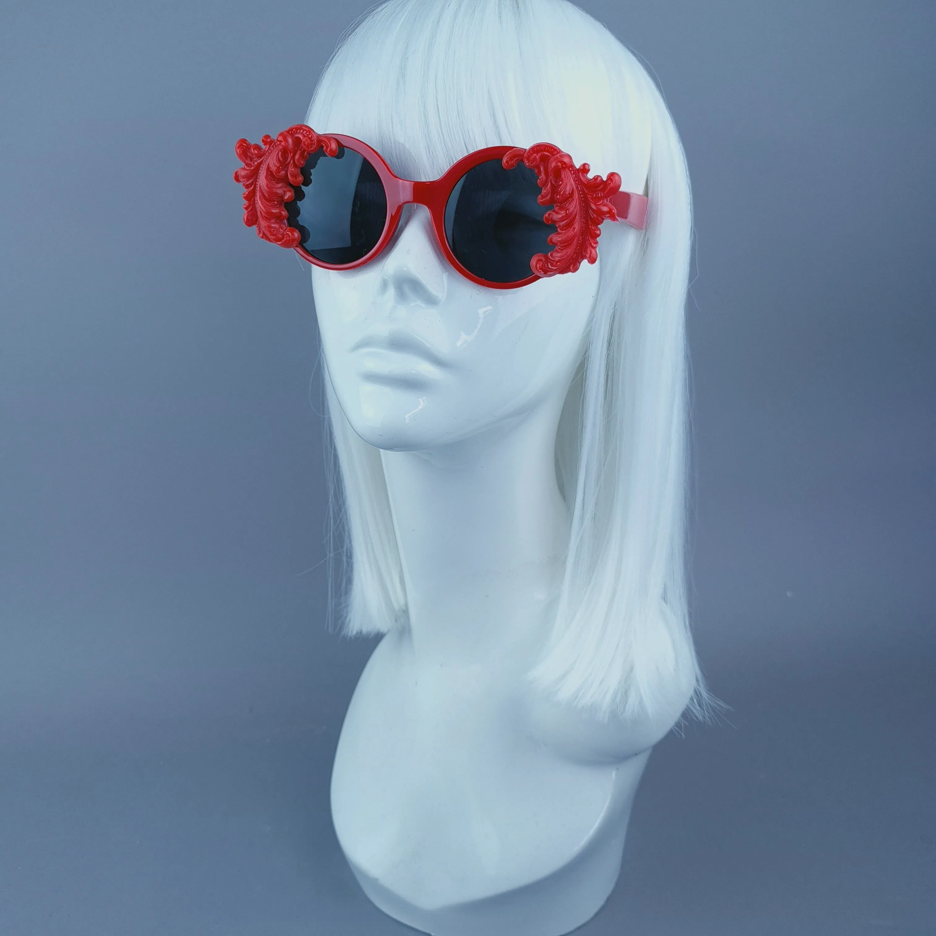 "Medora" Small Red Filigree Round Sunglasses