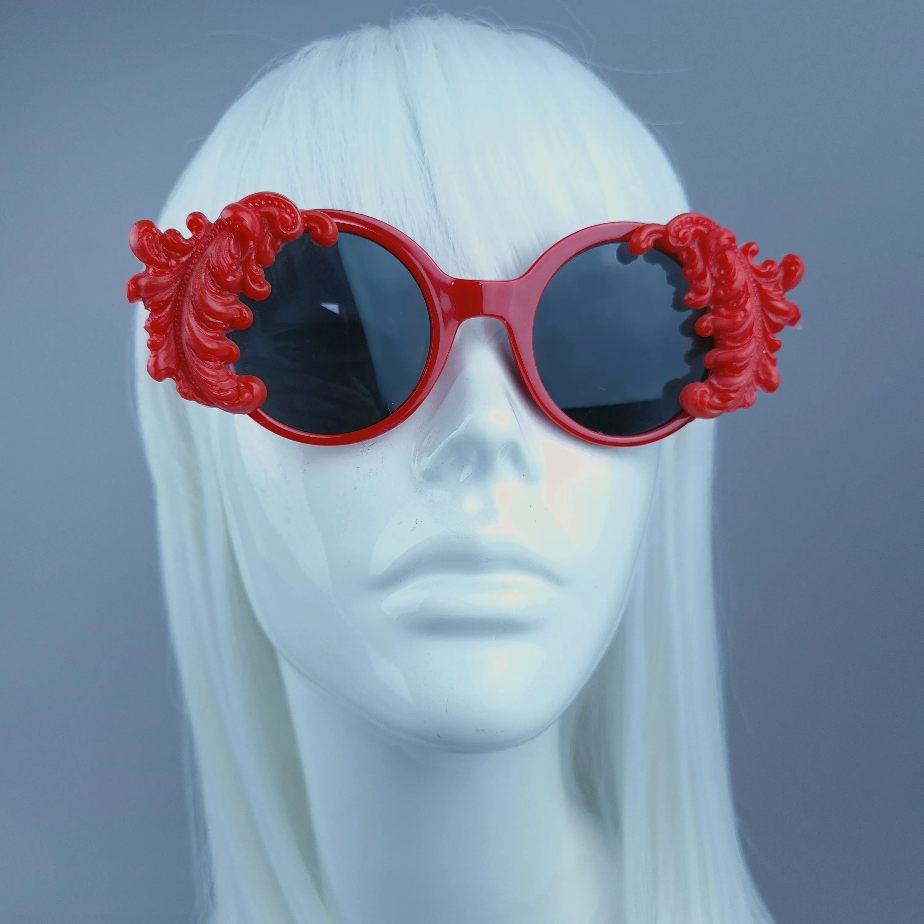 "Medora" Small Red Filigree Round Sunglasses