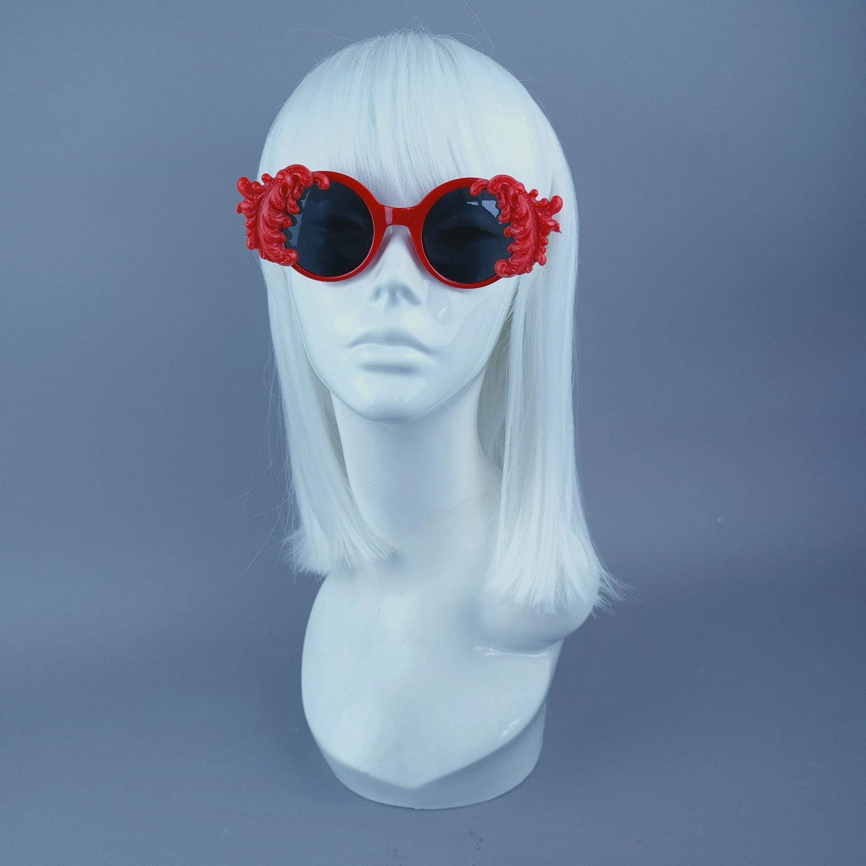 "Medora" Small Red Filigree Round Sunglasses