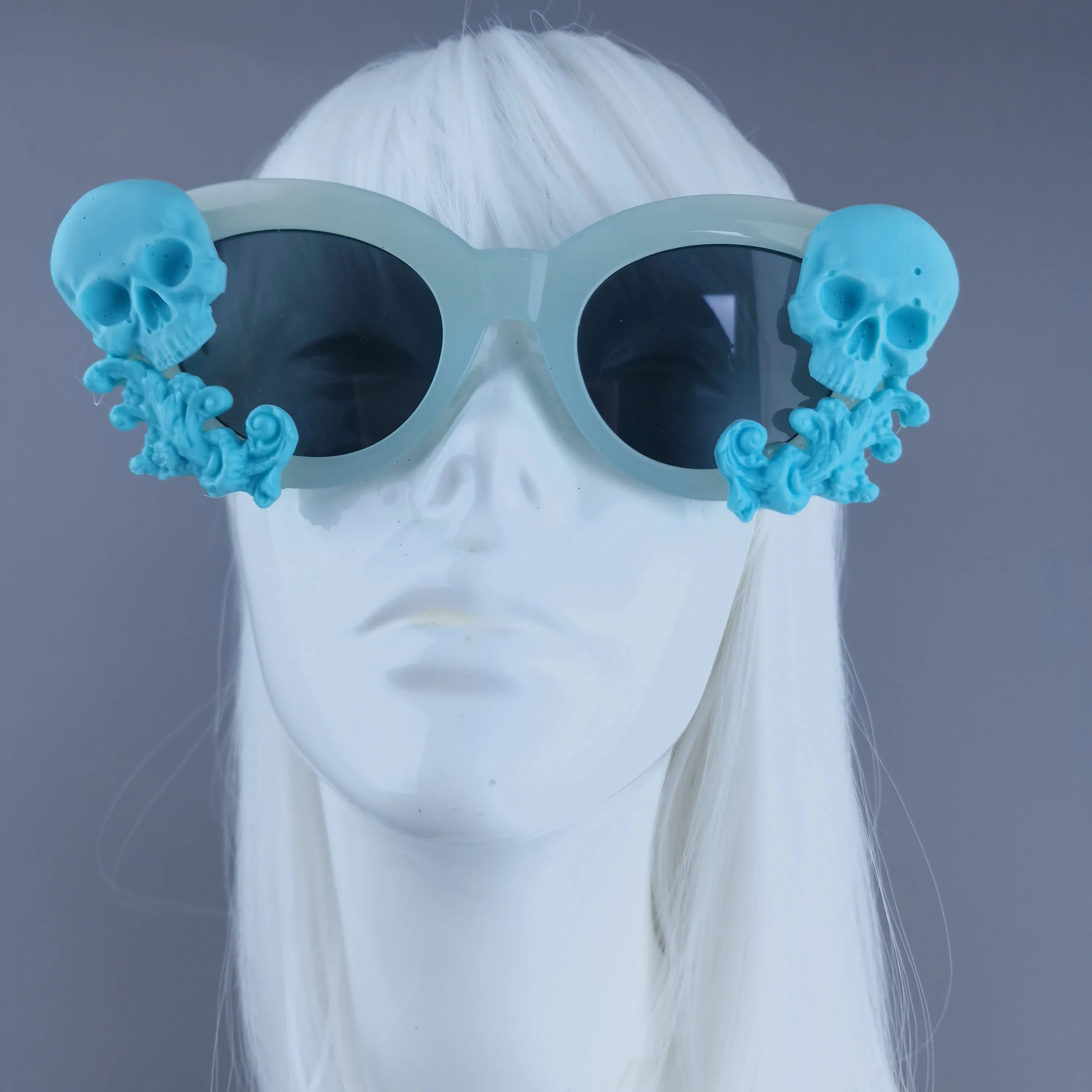 "Velika" Pastel Blue Filigree & Skull Sunglasses