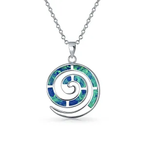 Round Blue Opal Spiral Maze Pendant Necklace in Sterling Silver