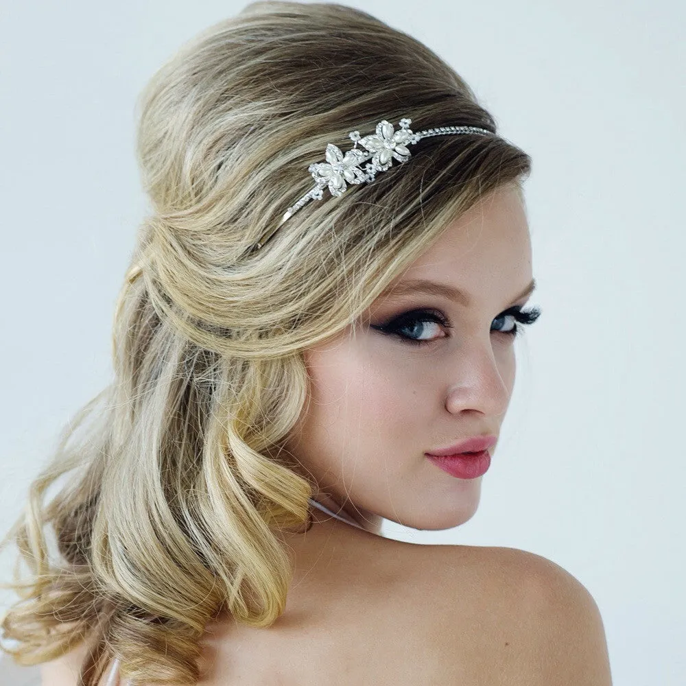 SassB Aimee Crystal and Pearl Flower Headband Tiara