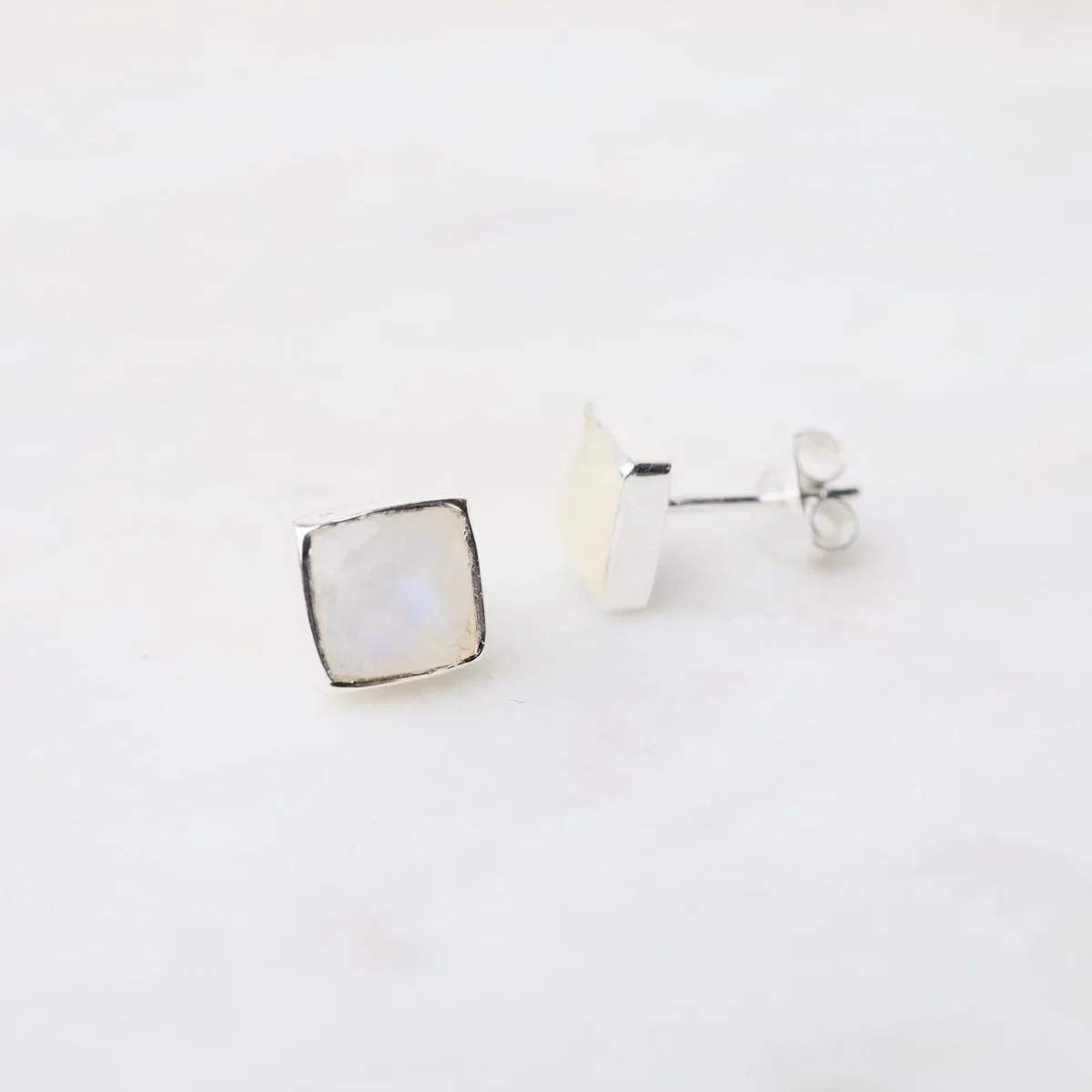 Silver Square Madeline Stud Earrings - Rainbow Moonstone