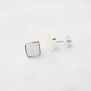 Silver Square Madeline Stud Earrings - Rainbow Moonstone