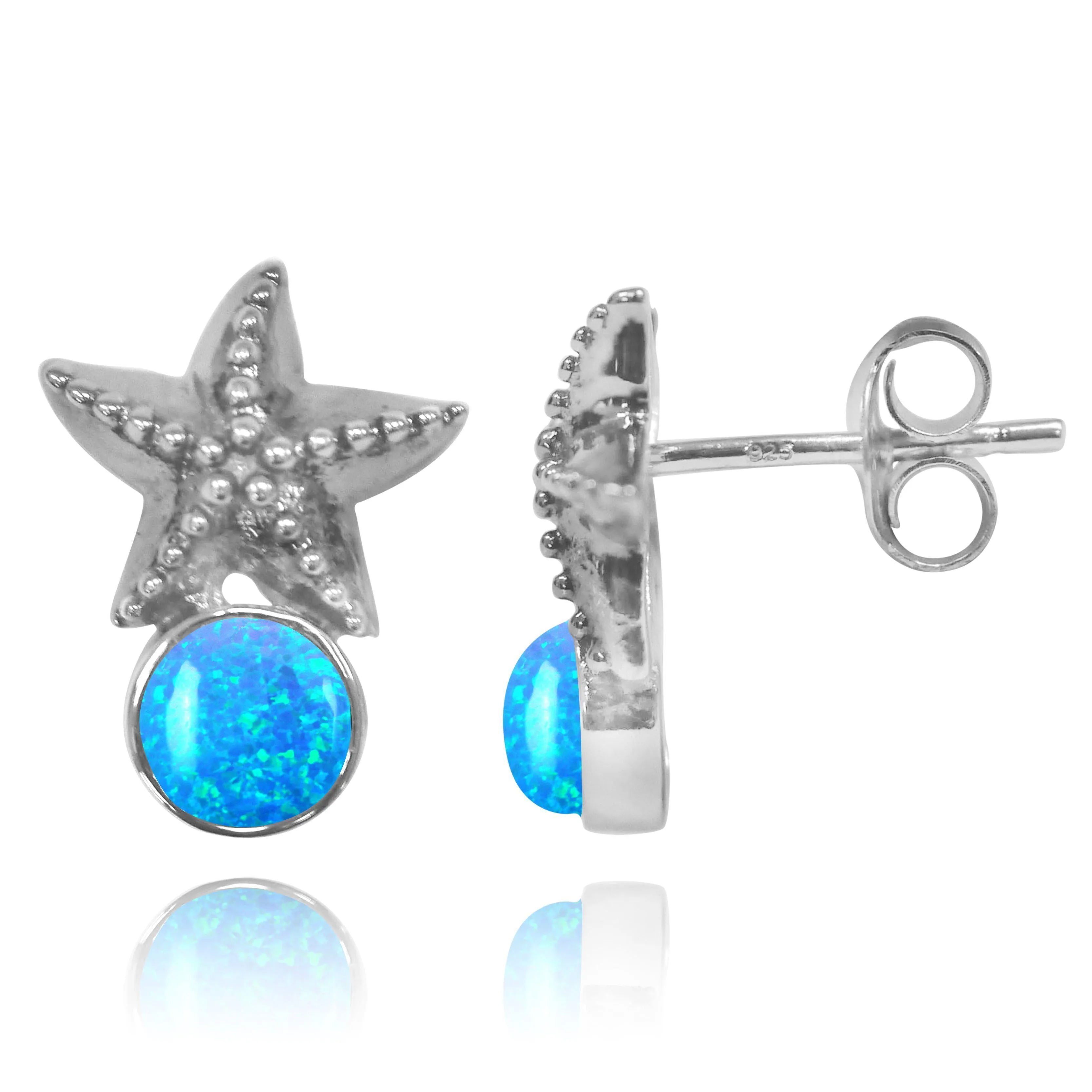 Starfish Earrings with Round Blue Opal