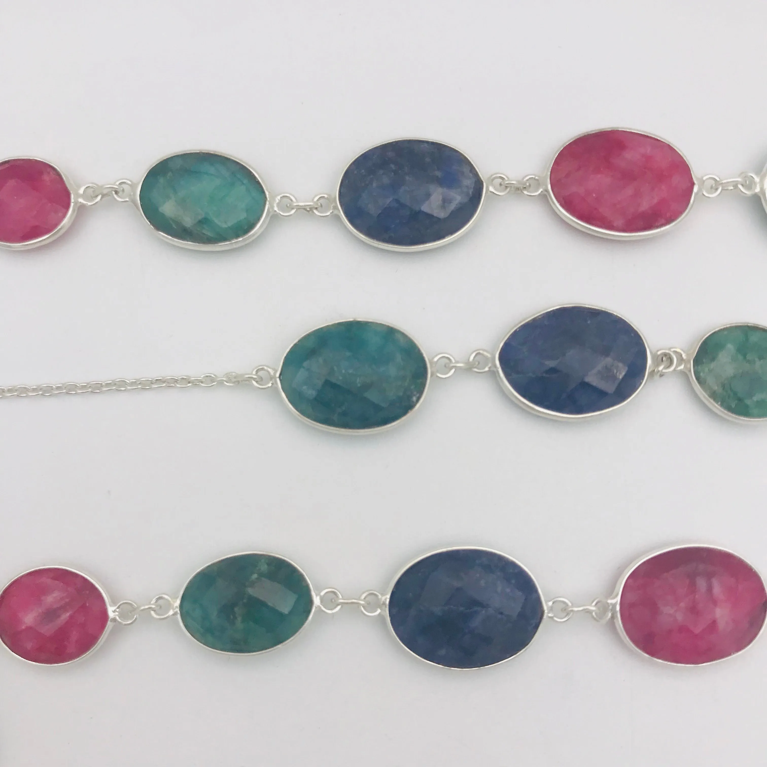 Sterling Silver Green Blue Pink Multi-coloured Station Necklace