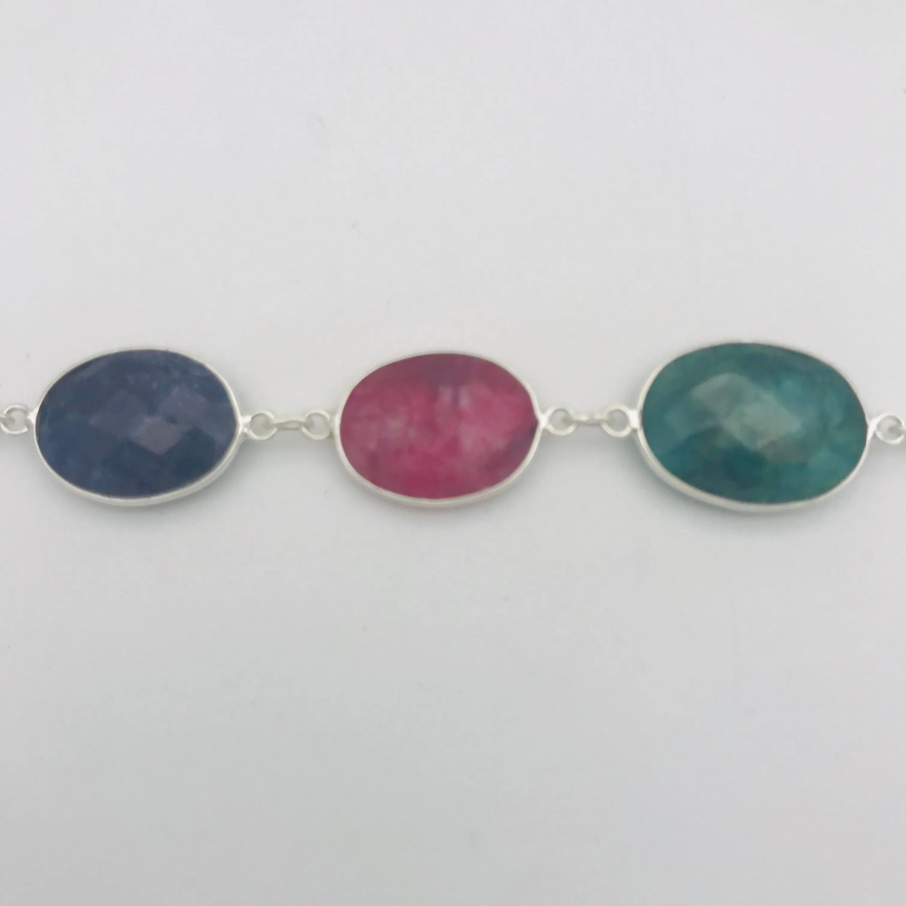 Sterling Silver Green Blue Pink Multi-coloured Station Necklace