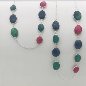 Sterling Silver Green Blue Pink Multi-coloured Station Necklace