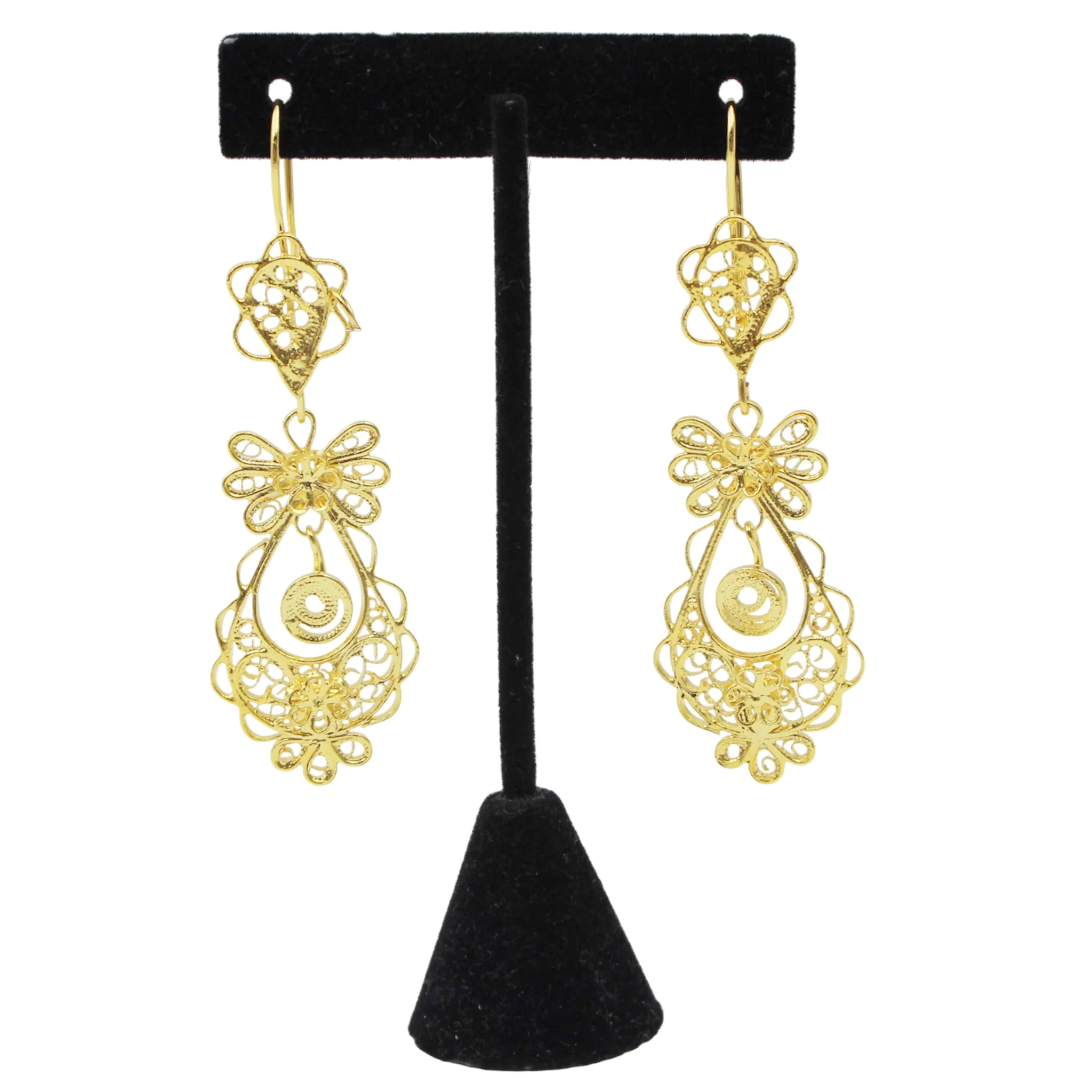 Traditional Portuguese Filigree Earrings, Gold-Color Rancho Style with Floral Design